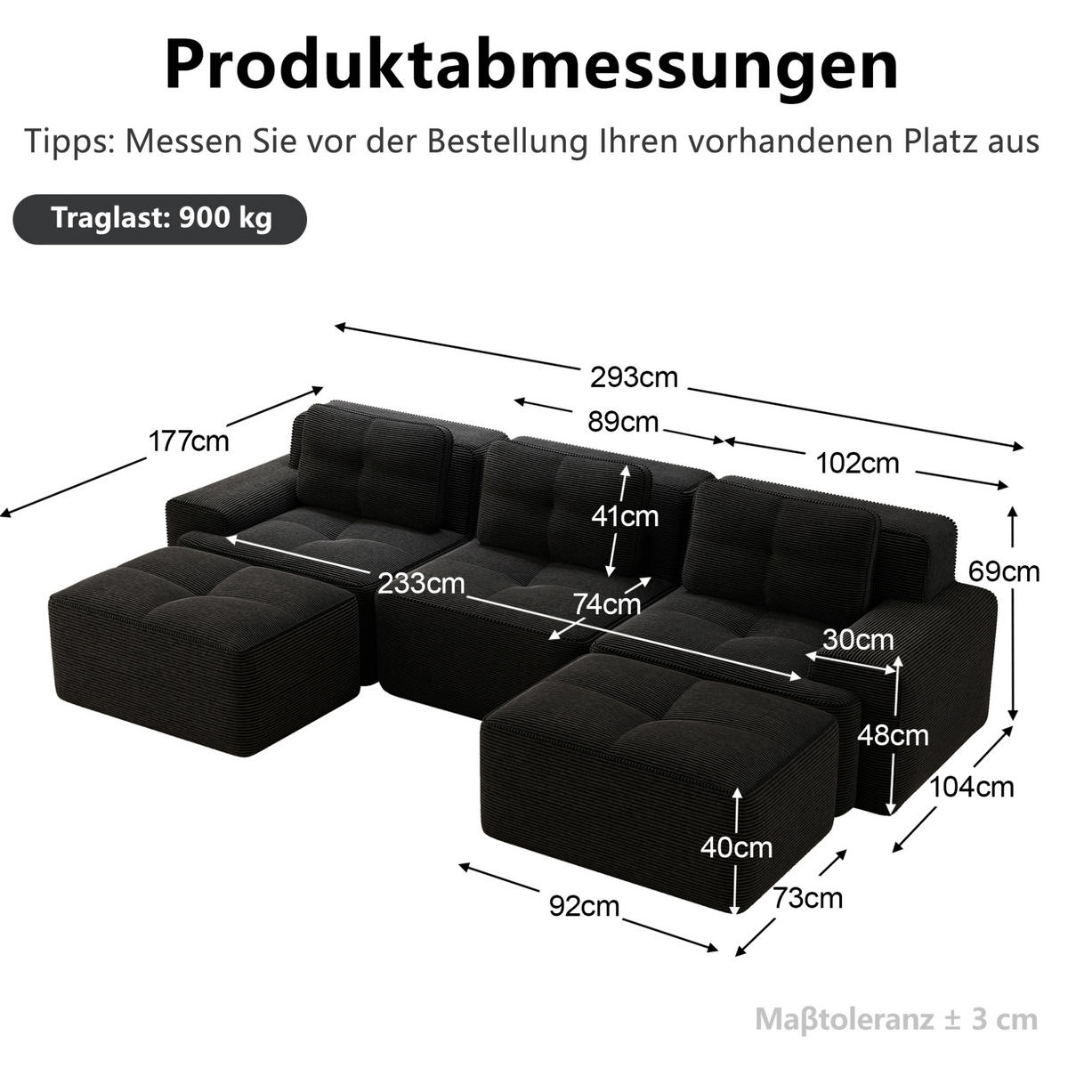 MODULARES Sofa aus Cord Schwarz 293x177x69 cm mit Ottoman und 74 cm Sitztiefe - Schwarz, Textil (177/293cm) - IVMEU