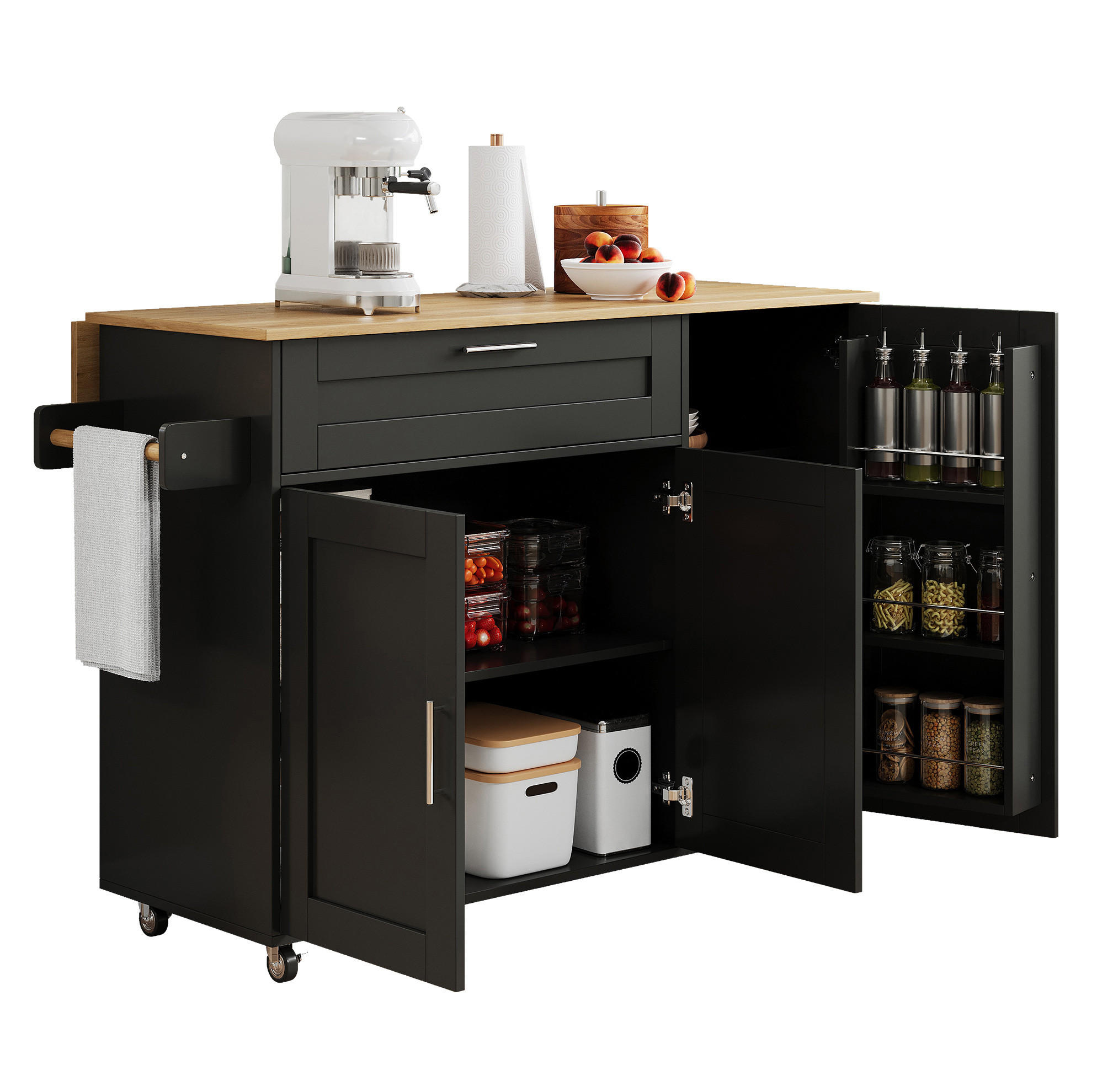 KÜCHENINSEL 132,5/90/44(70) cm Schwarz/Natur aus MDF mit klappbarer Arbeitsplatte - Schwarz, Holzwerkstoff (44/90/132.5cm) - OKMYHOME