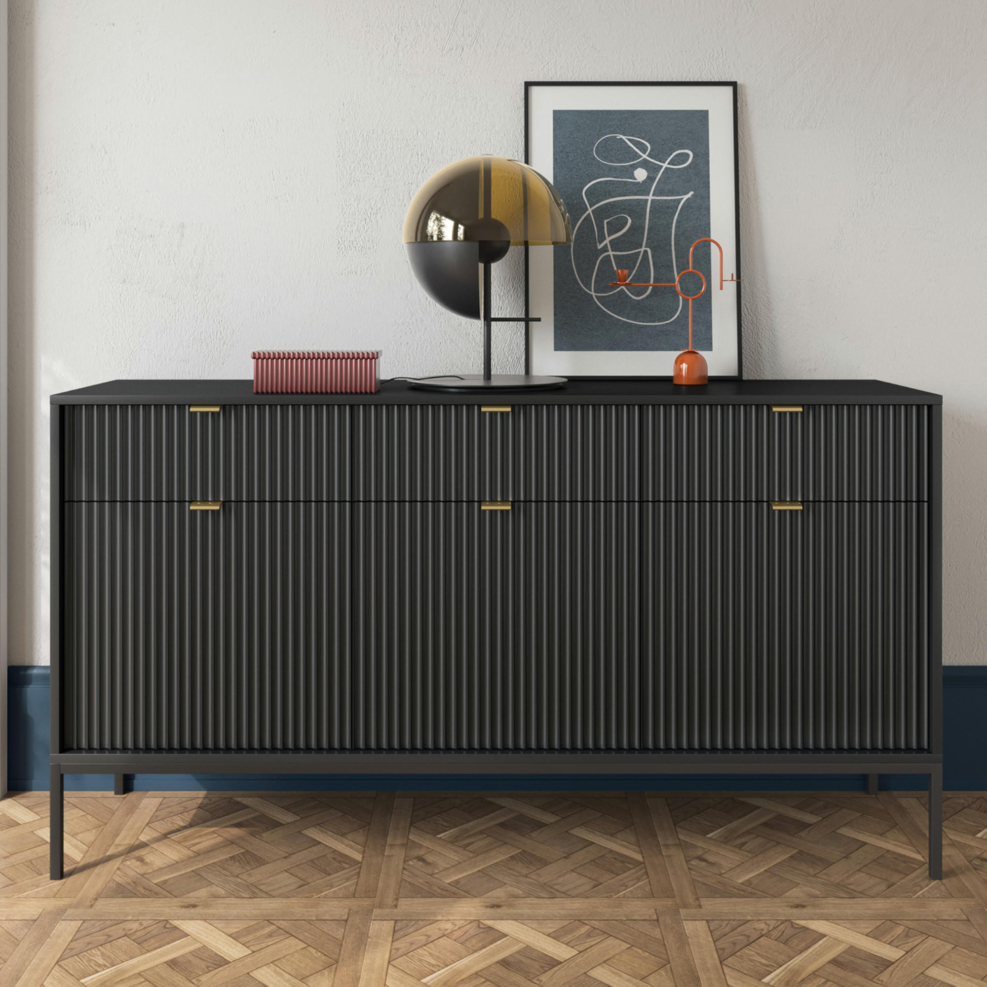 SIDEBOARD NANAIMO KOM3-3D3S Profilierte Fronten, Schwarz - Schwarz, Holzwerkstoff/Kunststoff (154/83/39cm) - Komodee