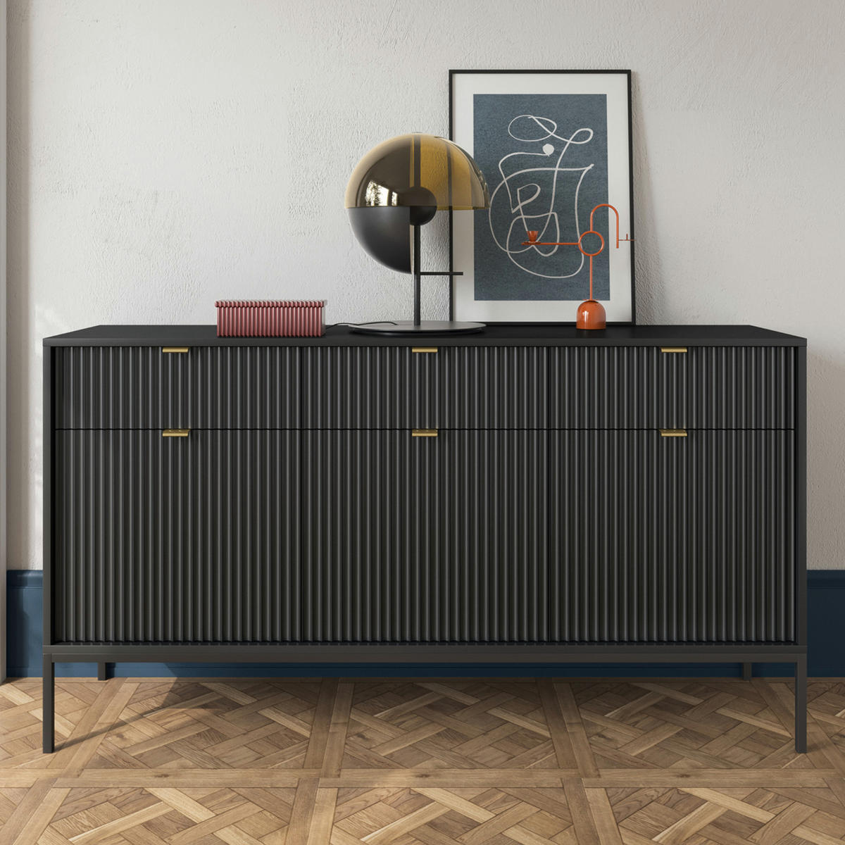 SIDEBOARD NANAIMO KOM3-3D3S Profilierte Fronten, Schwarz - Schwarz, Holzwerkstoff/Kunststoff (154/83/39cm) - Komodee