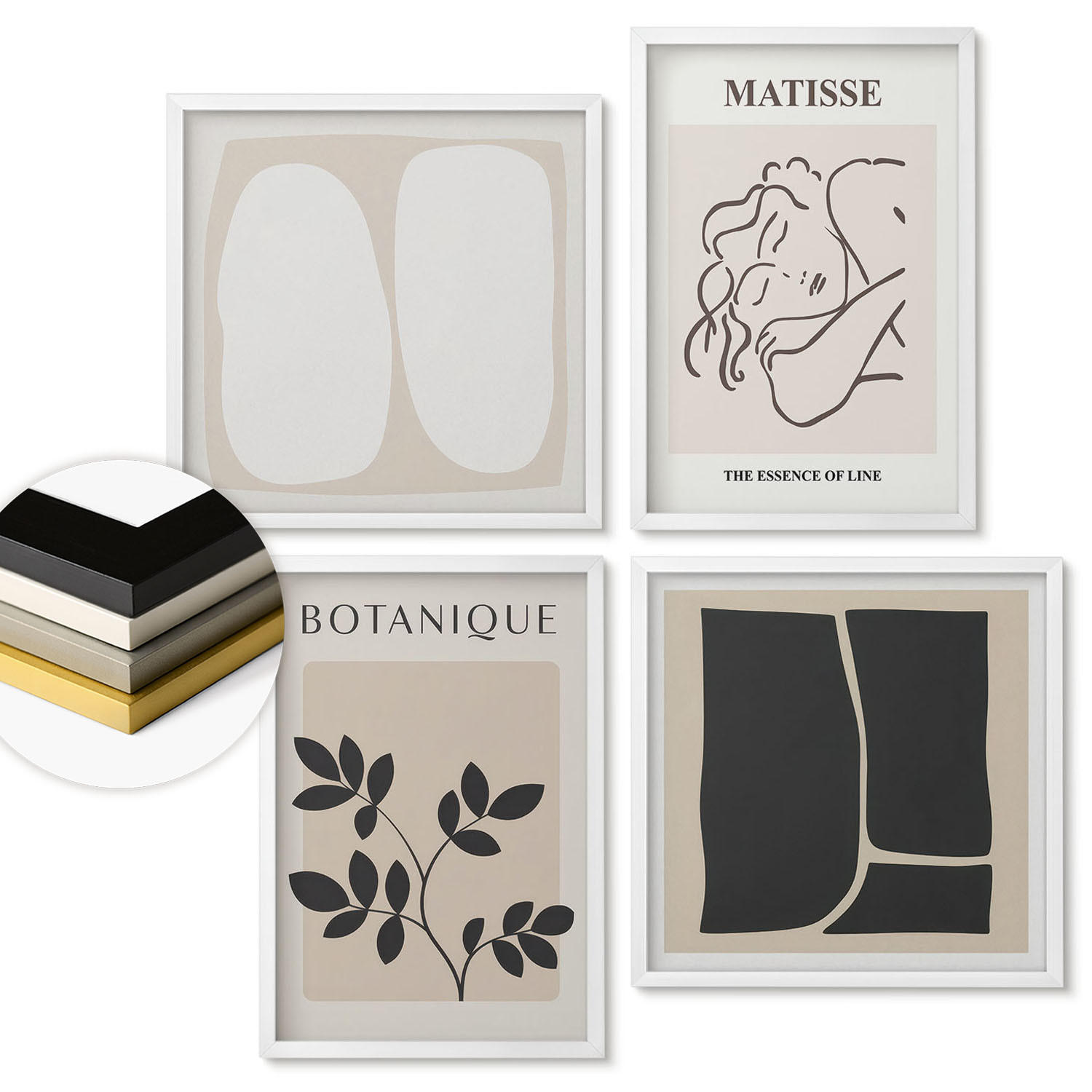 WANDBILDER 4er-Set - 50x50 cm & 40x60 cm Weißer Rahmen - Matisses stilvolle Pflanzenbilder - Weiß, Kunststoff (50/50cm) - ArtPrintCave