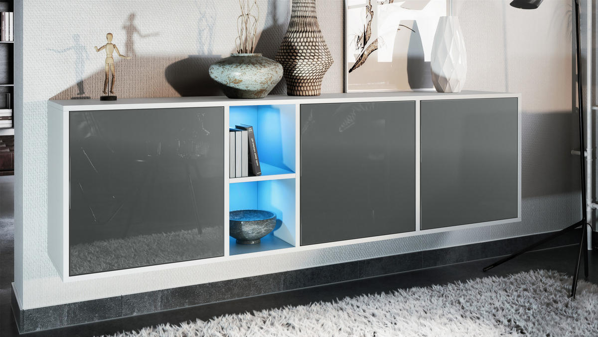 SIDEBOARD Cuba Türen in Grau Hochglanz - Grau, Holzwerkstoff (182/53/35cm) - Vladon
