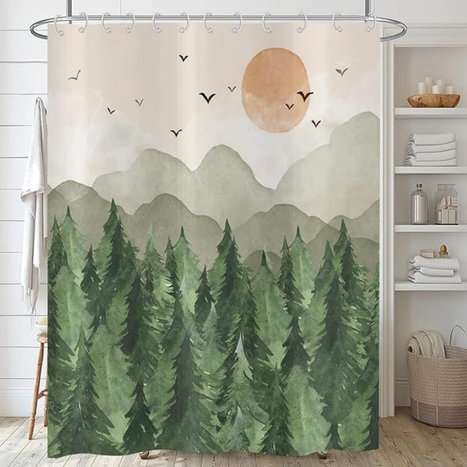 DUSCHVORHANG Vogel waschbar Stoff wasserdicht für Badewanne mit Haken - Grün, Textil (180/180cm) - MCBOSON