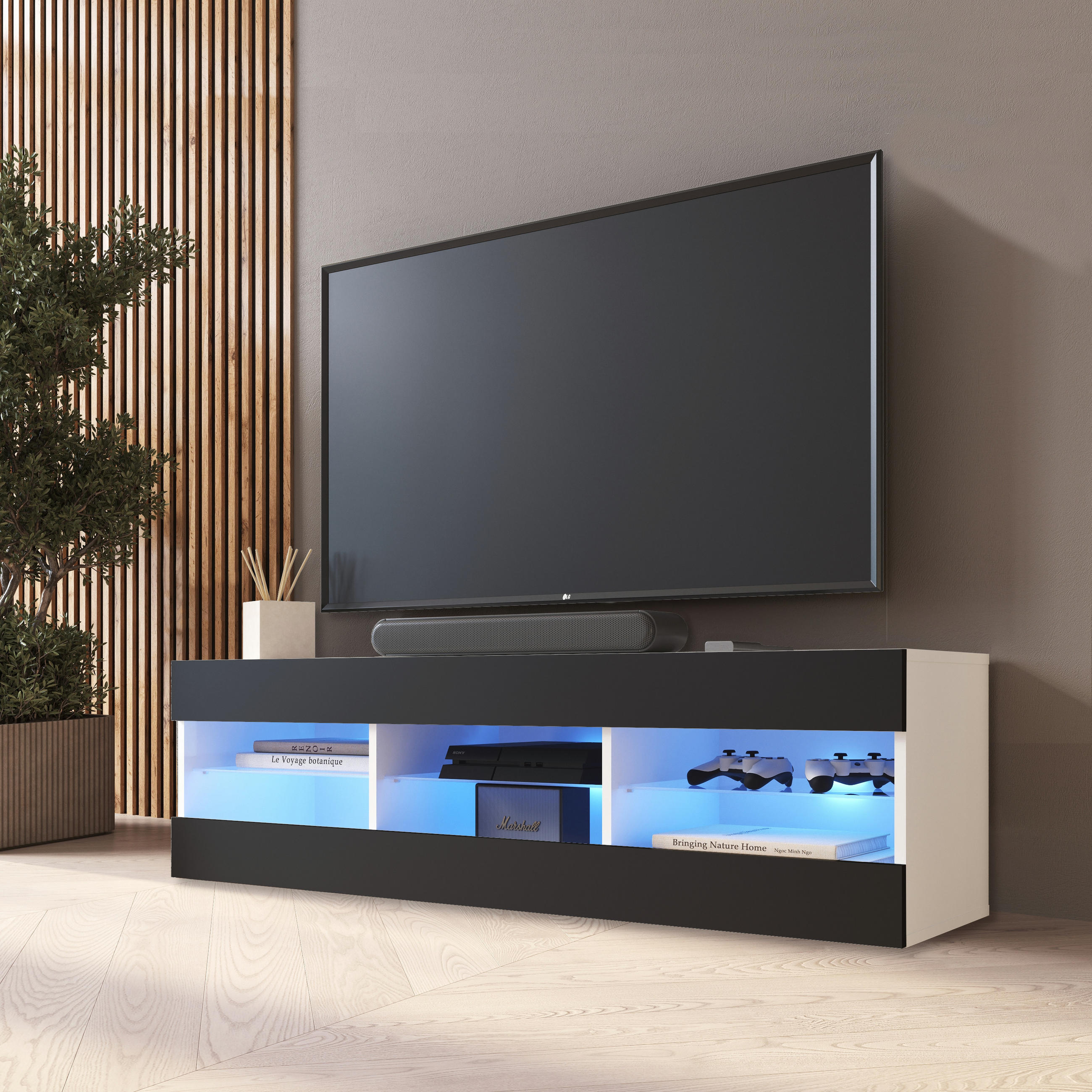 LOWBOARD TIVOLI RTV 140, Schwarz, LED Blau - Schwarz/Weiß, Glas/Holzwerkstoff (140/40.5/35.5cm) - Komodee