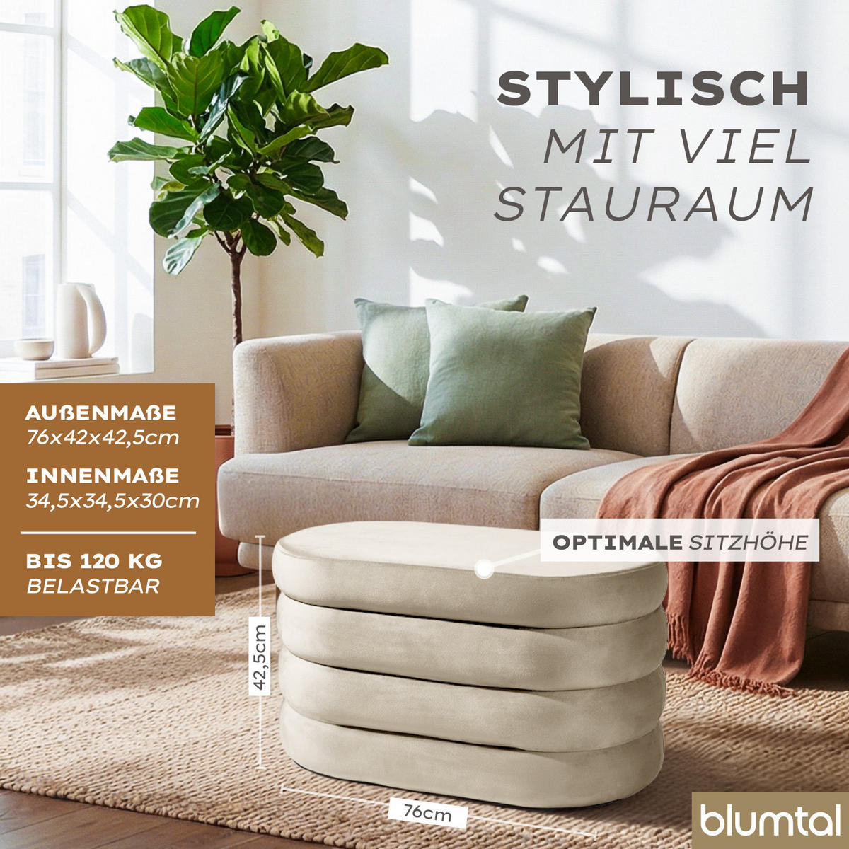 SITZBANK mit Stauraum Oval – Samt Sitztruhe Creme - Beige, Textil (42/42.5/76cm) - Blumtal