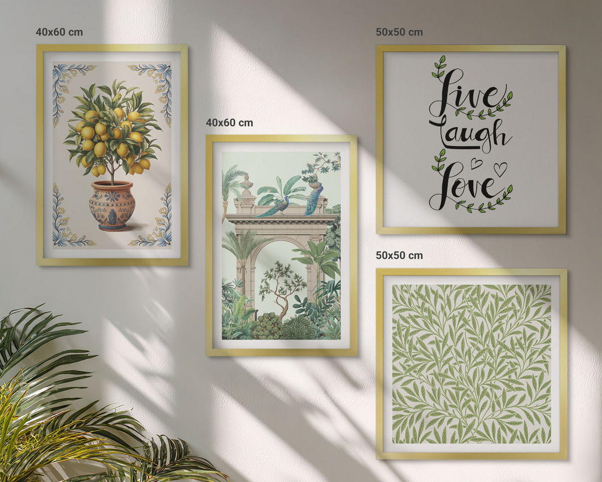 WANDBILDER 4er Set - 50x50 cm & 40x60 cm Goldrahmen - Grüne Blätter exotischer Pflanzen - Goldfarben, Kunststoff (50/50cm) - ArtPrintCave