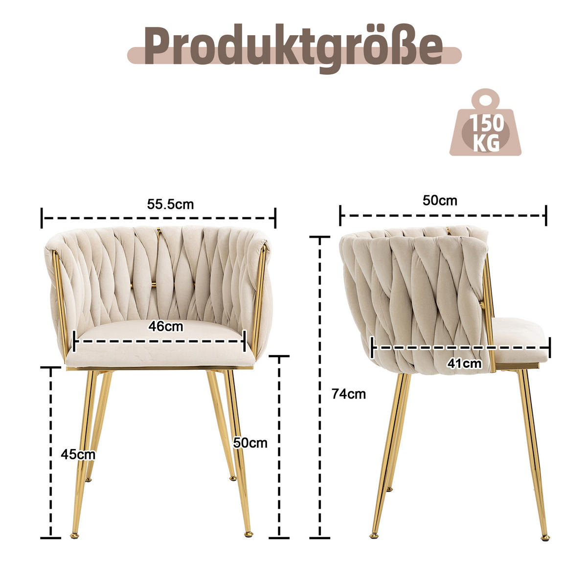 ESSZIMMERSTUHL 2er-Set aus Samt mit Goldbeinen - Creme, Textil (55.5/74/41cm)