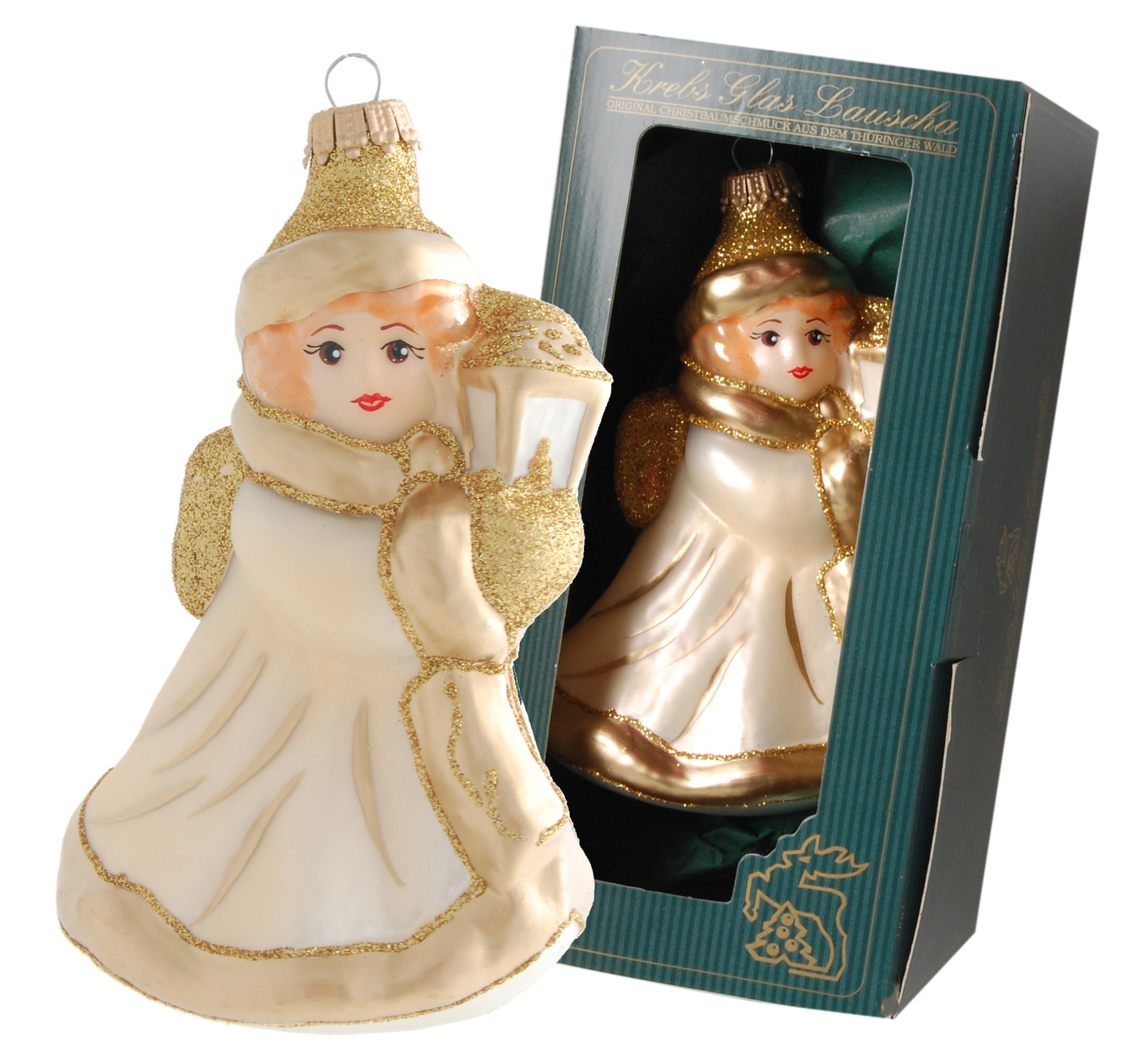 CHRISTBAUMSCHMUCK Engel mit Laterne Goldfarbig 14cm (Glas / 1 Stk.) - Goldfarben, Glas (9/14/7cm) - Krebs Glas Lauscha