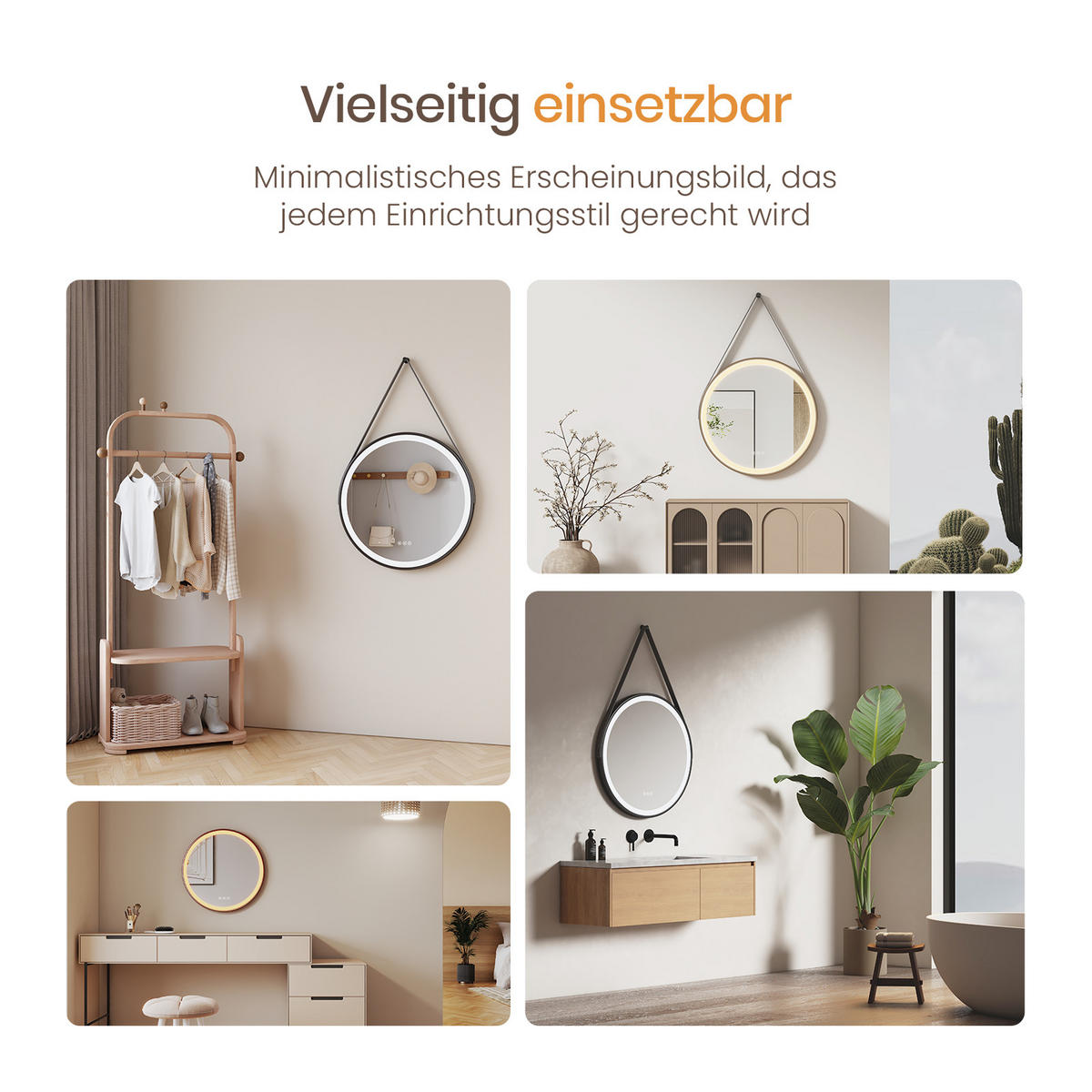 BADSPIEGEL mit Touch-Schalter Beleuchtung mit Hängeriemen Schwarz ф70 cm - Schwarz, Glas (70/3.5/70cm) - EMKE