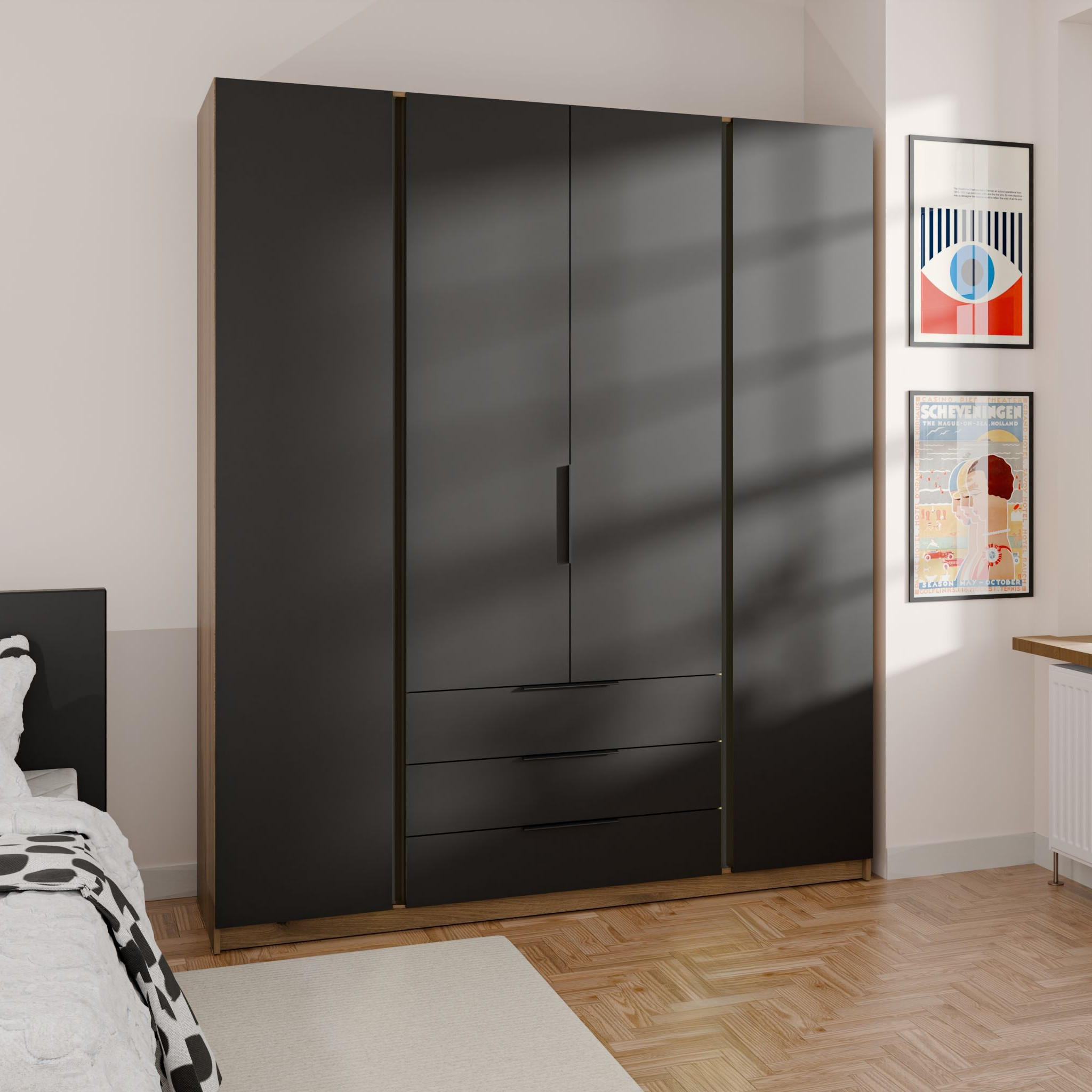 DREHTÜRENSCHRANK CAGLIARI 200/239/61,9cm 4-türig Goldfarben - Goldfarben/Schwarz, Holzwerkstoff (200/239/61.9cm) - MASSENO