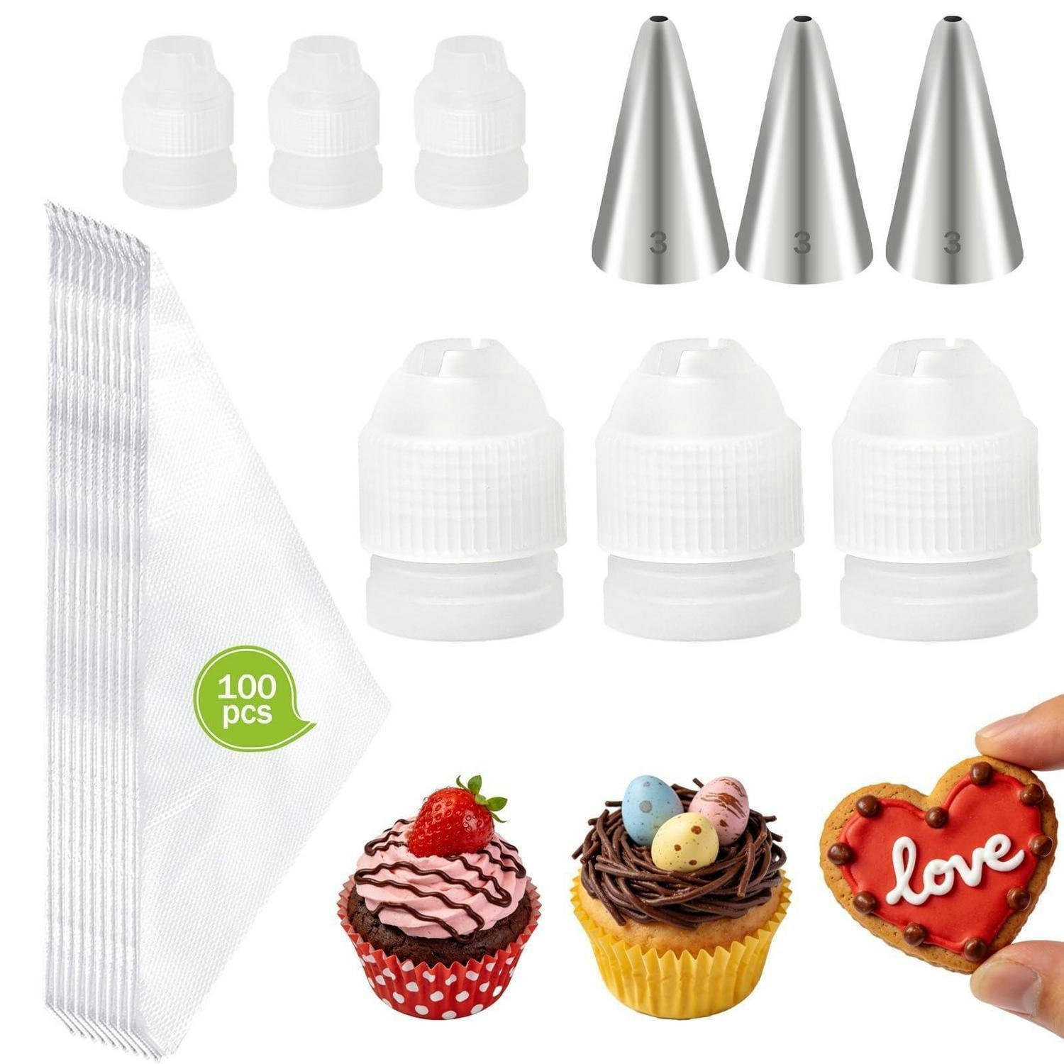 SPRITZBEUTEL Set mit 3 Edelstahl Spritztüllen und 100 Einwegbeuteln - Silberfarben, Metall (32/5.2/35.5cm)