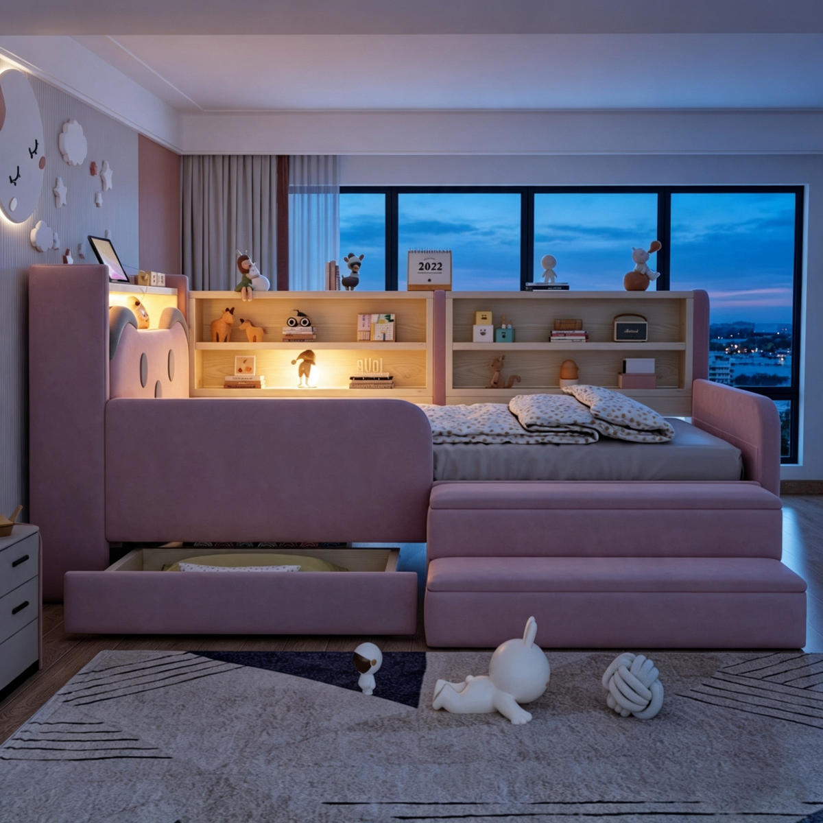 POLSTERBETT 90*200 cm mit LED, USB und Schublade, Rosa - Pink, Textil (90/200cm) - FLIEKS