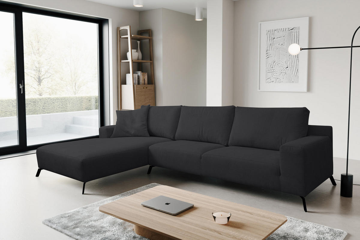 ECKSOFA Aspen in L-Form, Coach Farbe: Schwarz, Velourstoff, Ottomane Links - Schwarz, Textil (187/312cm) - VENASI MÖBEL