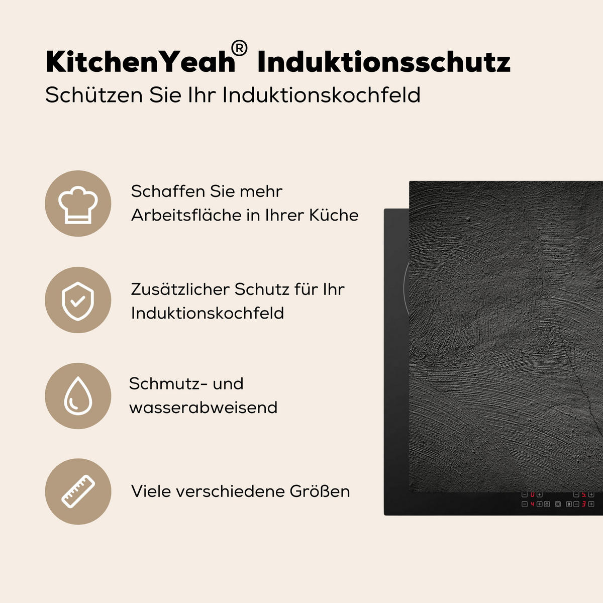 HERDABDECKPLATTE Beton - Schwarz - Industriell Induktionsmatte 78x78 cm - Anthrazit, Kunststoff (78/78/0.2cm) - MuchoWow