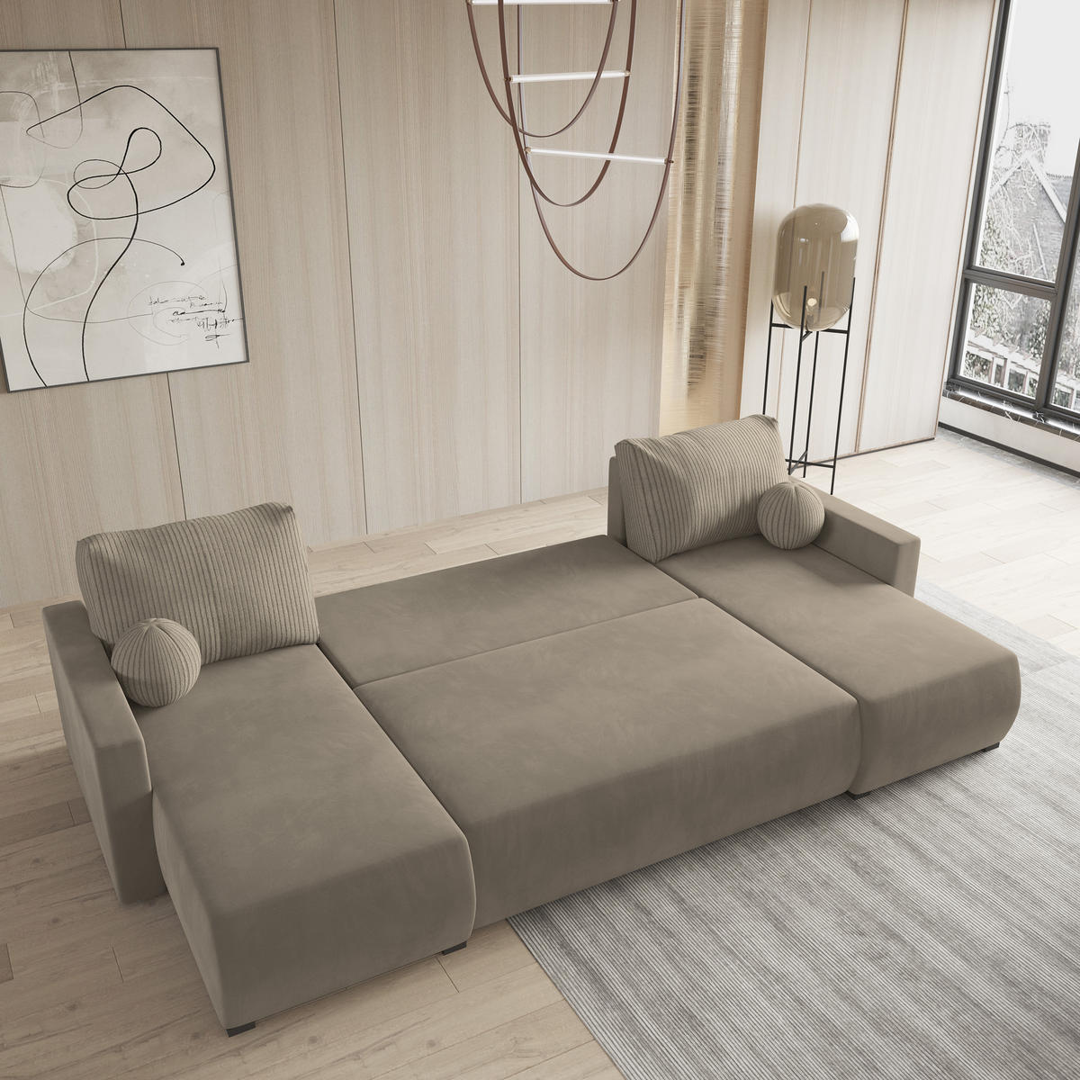 WOHNLANDSCHAFT TESSUN Beige Plüsch-Stoff mit Schlaffunktion - Beige, Holz (286/85/143cm) - MASSENO