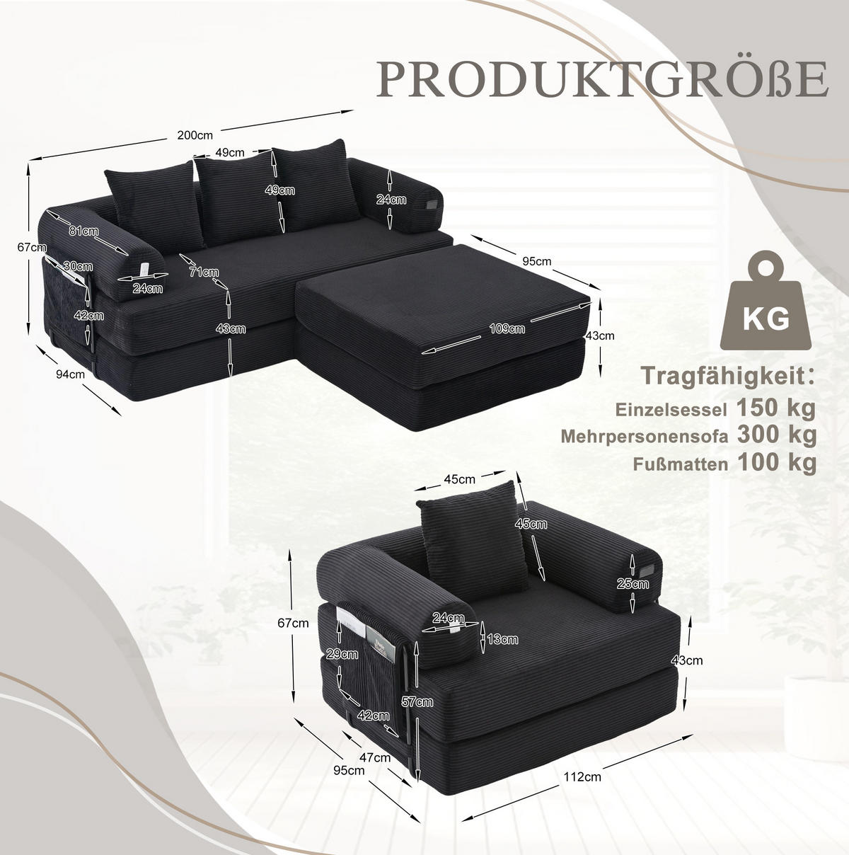 3-SITZER aus Cord 200x94x67 cm Schwarz mit Hocker, Metallgestell, Seitentasche und frei kombinierbaren Modulen - Schwarz, Textil (200/67/190cm) - Modfu