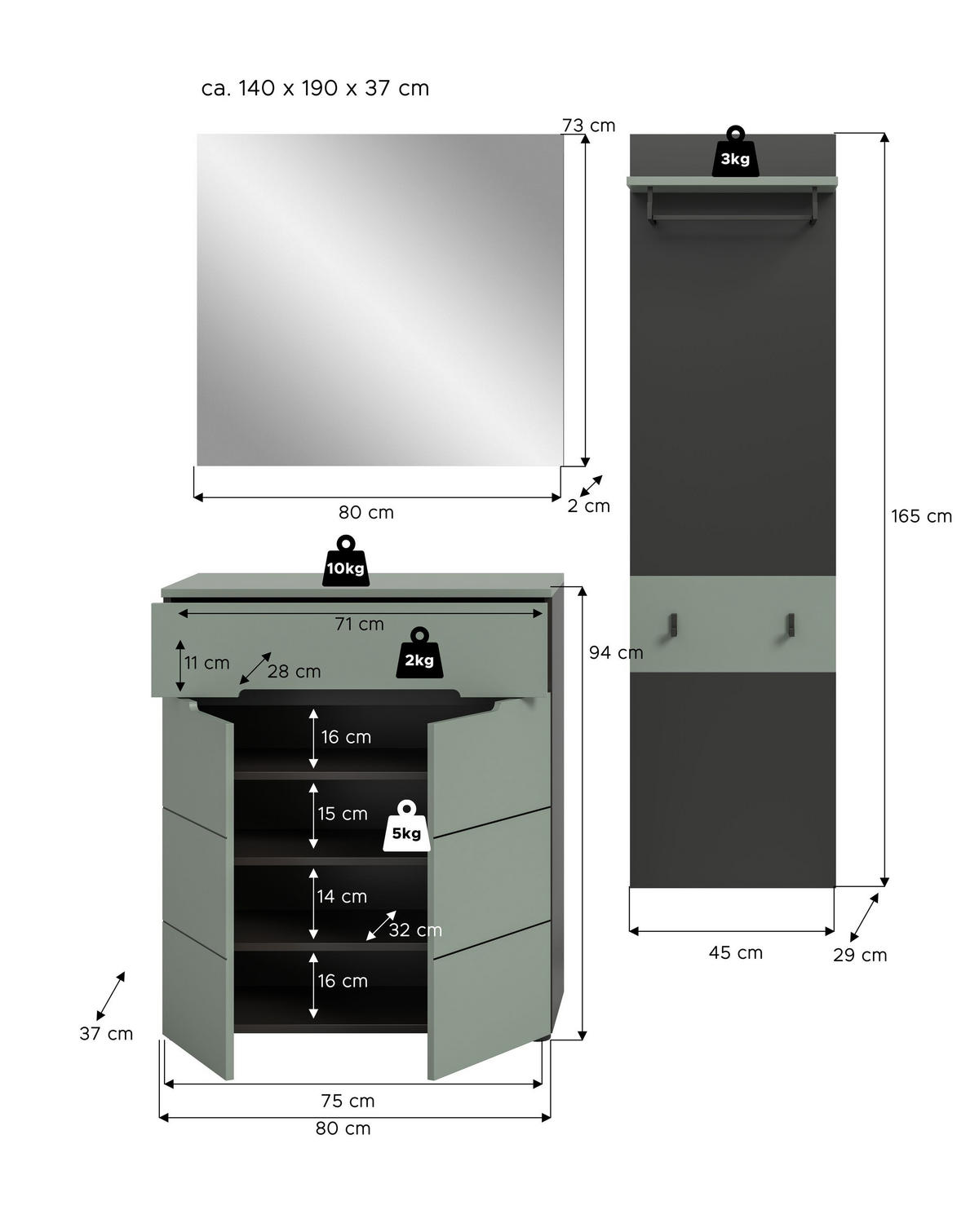 GARDEROBE Nova (B/H/T: ca. 140/190/37 cm) 3 tlg. in Basalt grau/Smoke Green - Grau, Holzwerkstoff (140/190/37cm)