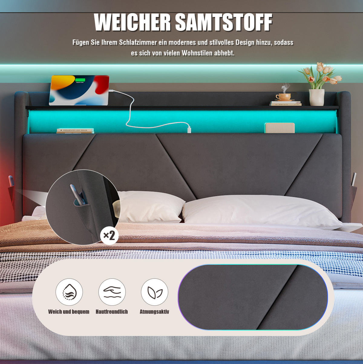 POLSTERBETT 160/200 cm in Dunkelgrau aus Samt mit LED-Beleuchtung - Dunkelgrau, Textil (160/200cm) - Flora Grace