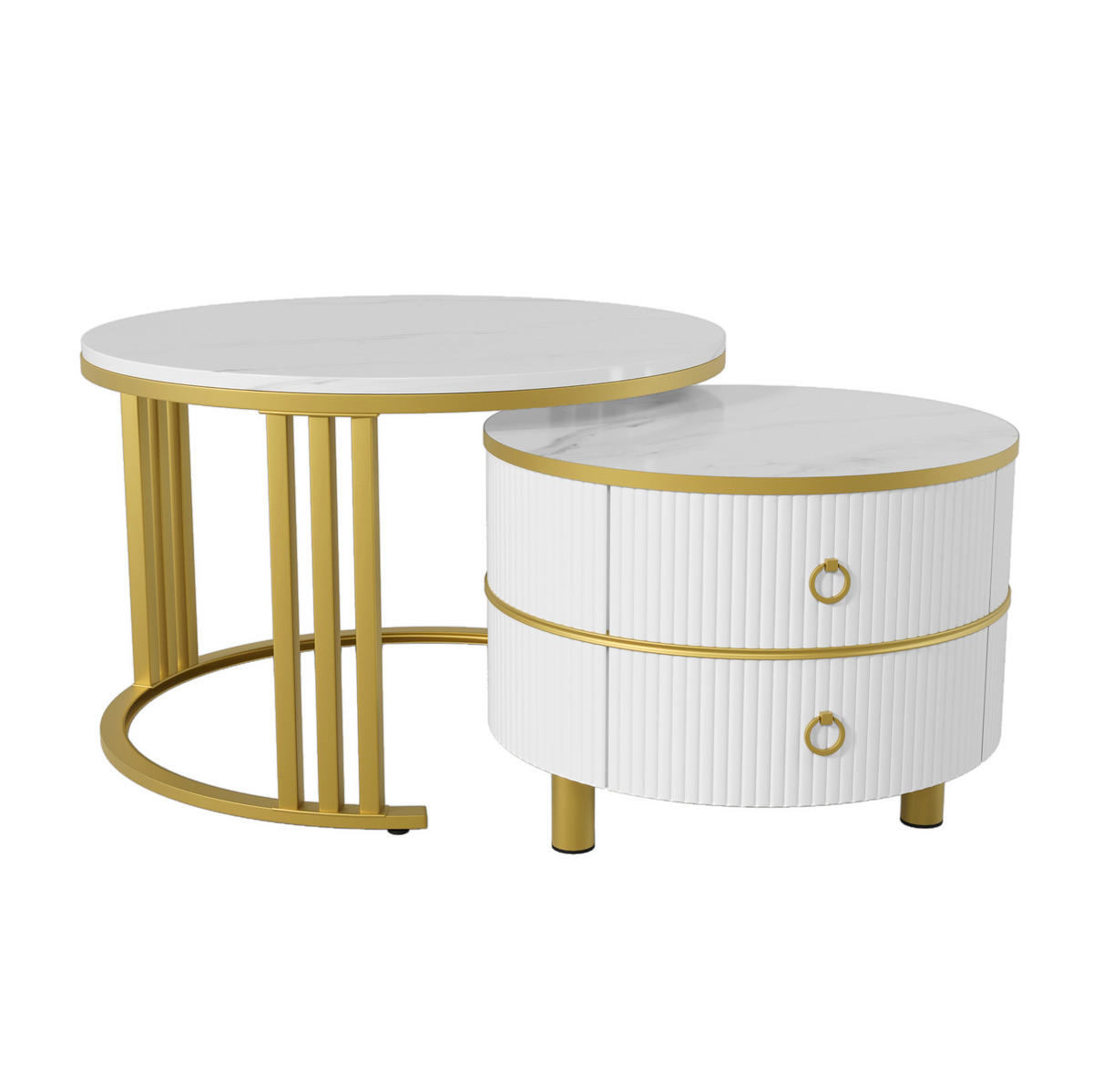 COUCHTISCH 2er-Set rund mit 2 Schubladen Weiß - Weiß, Metall (70/70/46cm) - Meubliv