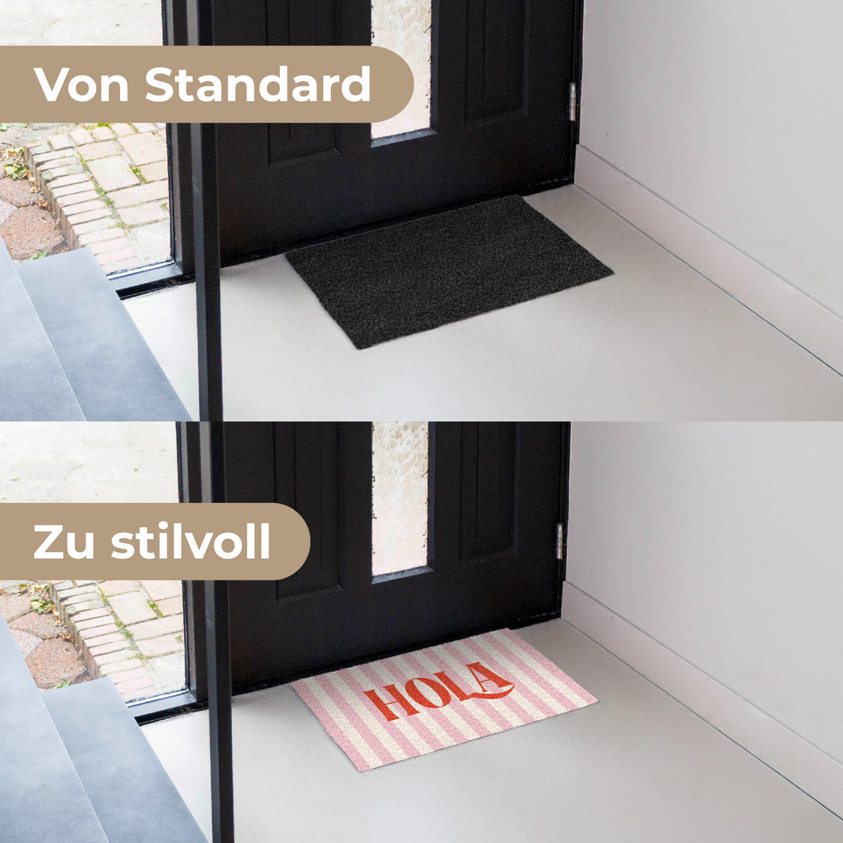 FUSSMATTE Hola - Zitat - Streifen - Pastell - Rosa - Rot - Weiß 60x40 cm - Rosa, Kunststoff (60/0.4cm) - MuchoWow