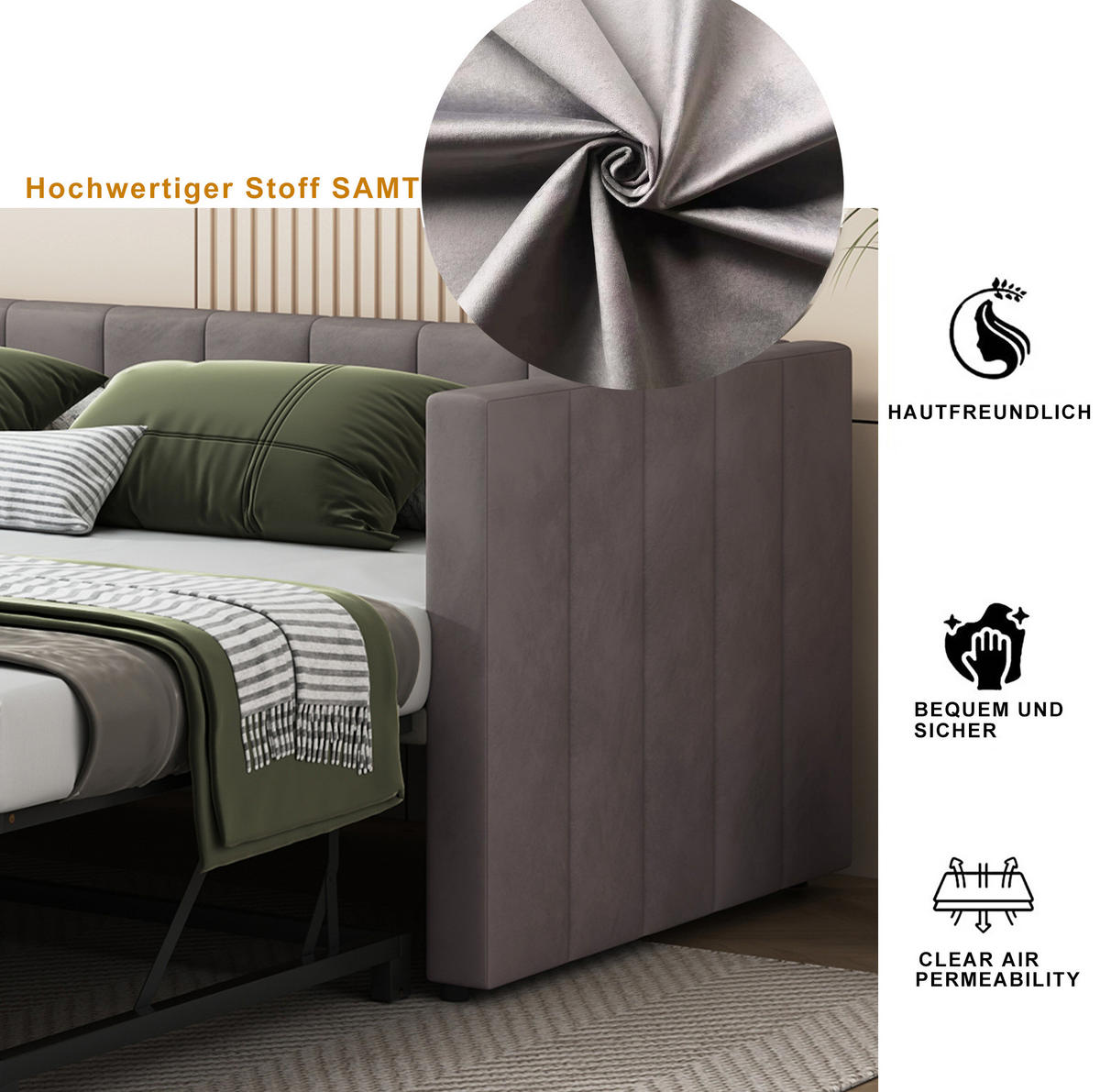 POLSTERBETT 90/200 cm ausziehbar auf 180/200 cm mit Lattenrost und Rückenlehne, Grau - Grau, Textil (90/200cm) - Redom