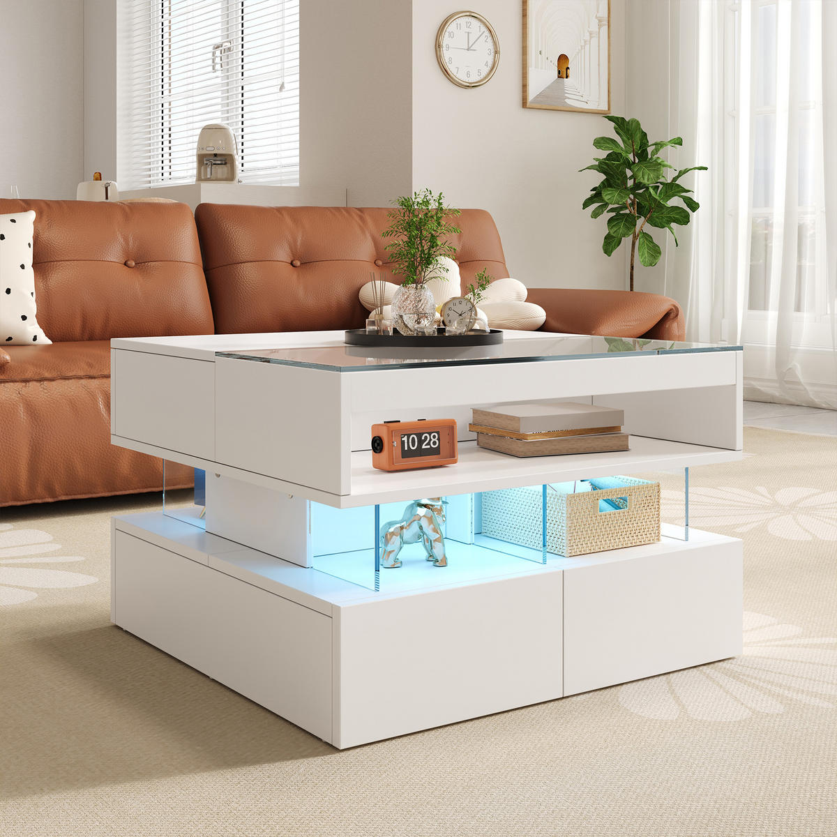 COUCHTISCH höhenverstellbar LED Glas - Weiß, Holzwerkstoff (67/70/57cm) - LEBENLANG