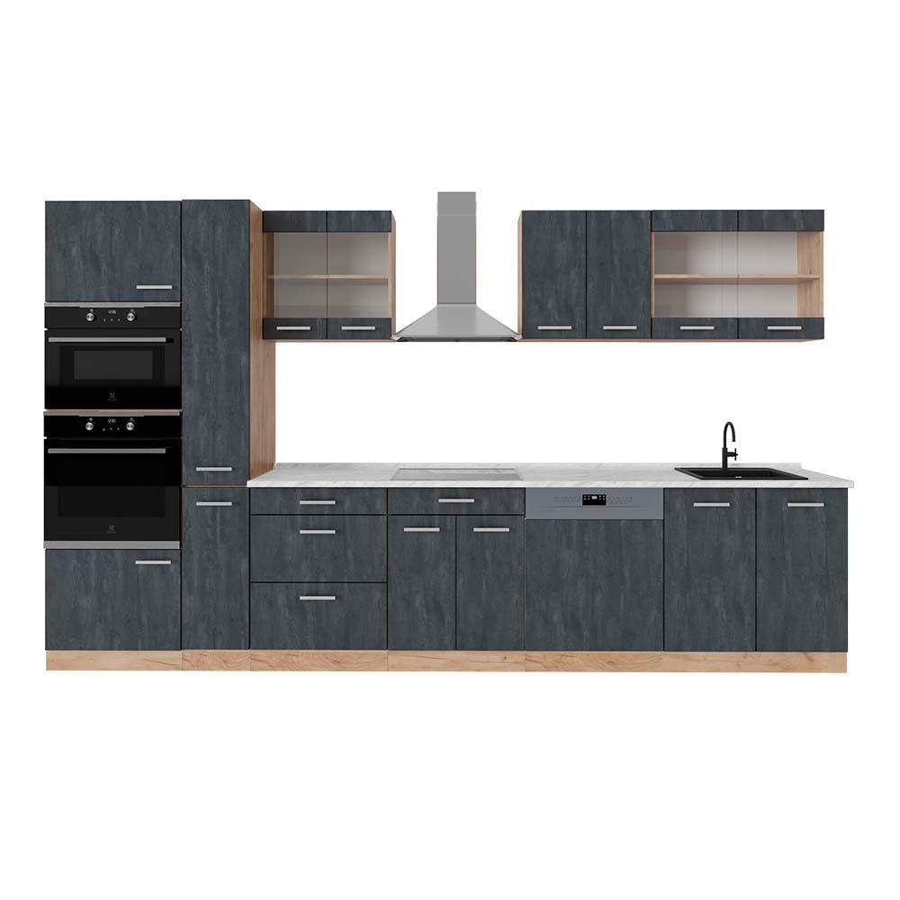KÜCHENZEILE R-Line Schwarz Beton/Goldkraft Eiche 350 cm, AP Marmor - Eiche Wotan/Schwarz, Holzwerkstoff (350/81.6/60cm) - Vicco