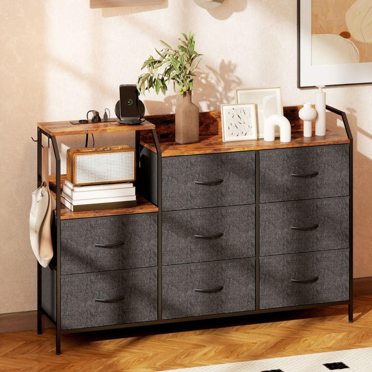 KOMMODE mit 8 Stoffschubladen 130x30x88 cm in Rustikalbraun mit Ladestation und offenen Fach - Schwarz, Textil (130.5/88/30cm) - IVMEU
