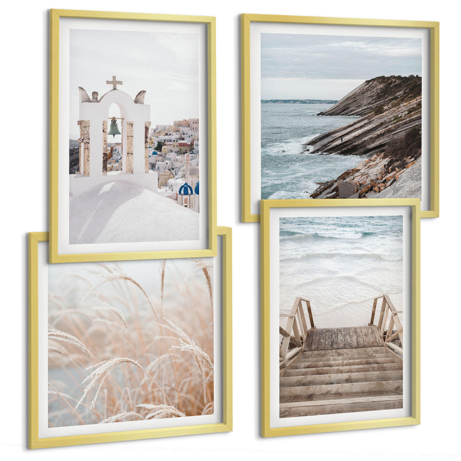 BILDER SET 4er Set - 50x50 cm & 40x60 cm Goldrahmen - Meeresarchitektur Santorin - Goldfarben, Kunststoff (50/50cm) - TULUP