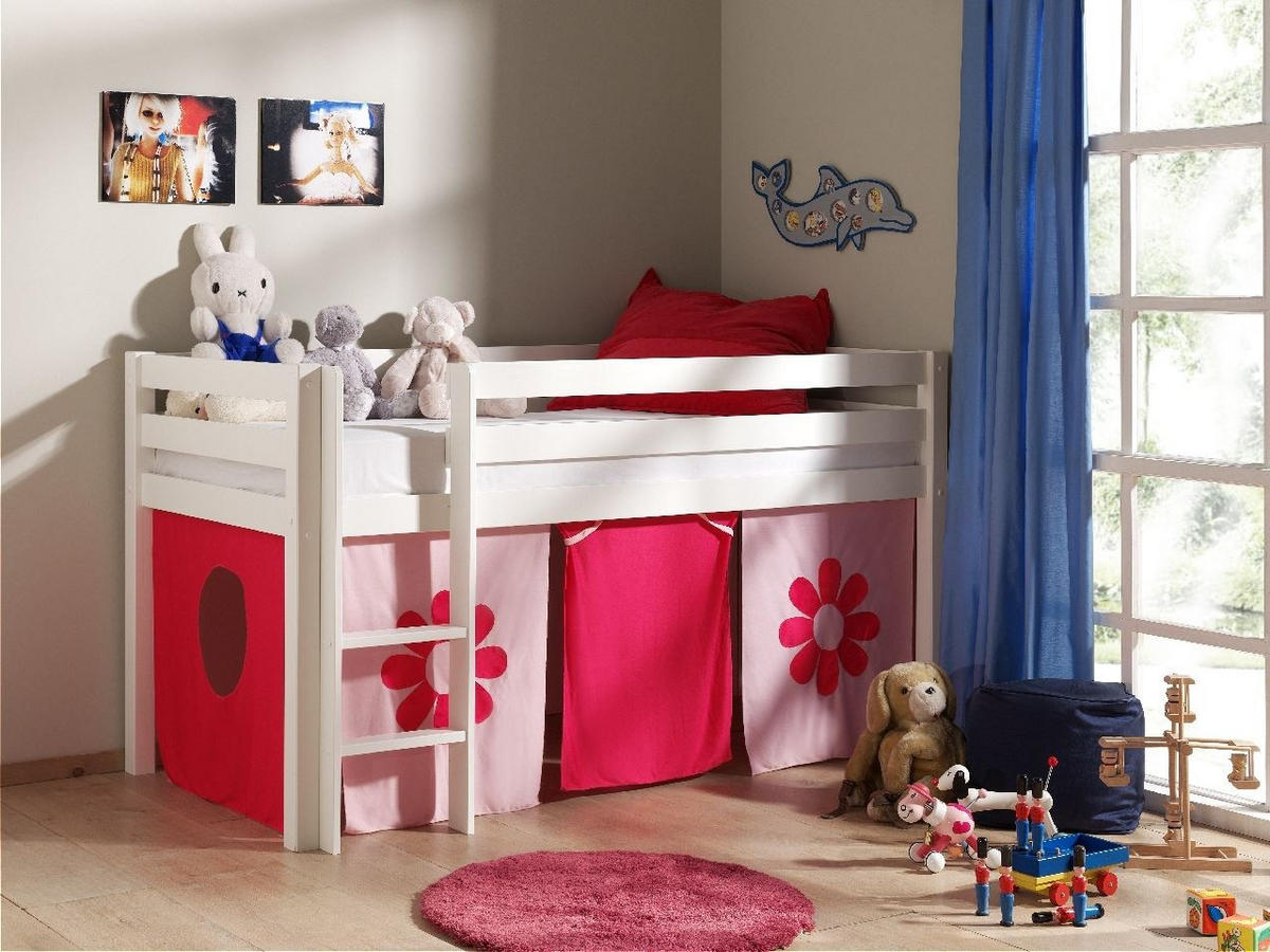 KINDERBETT Karolina 210x114x106 Massivholz Weiß Textilset Flower - Pink/Weiß, Holz (90/200cm) - 58aufmkessel