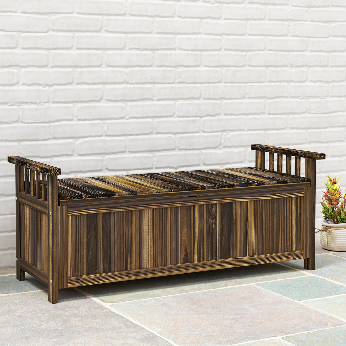 GARTENBANK 2-Sitzer DE-08292 mit Stauraum, Armlehnen Verkohlt - Naturfarben, Holz (128.5/53.5/52cm) - ComfortXL