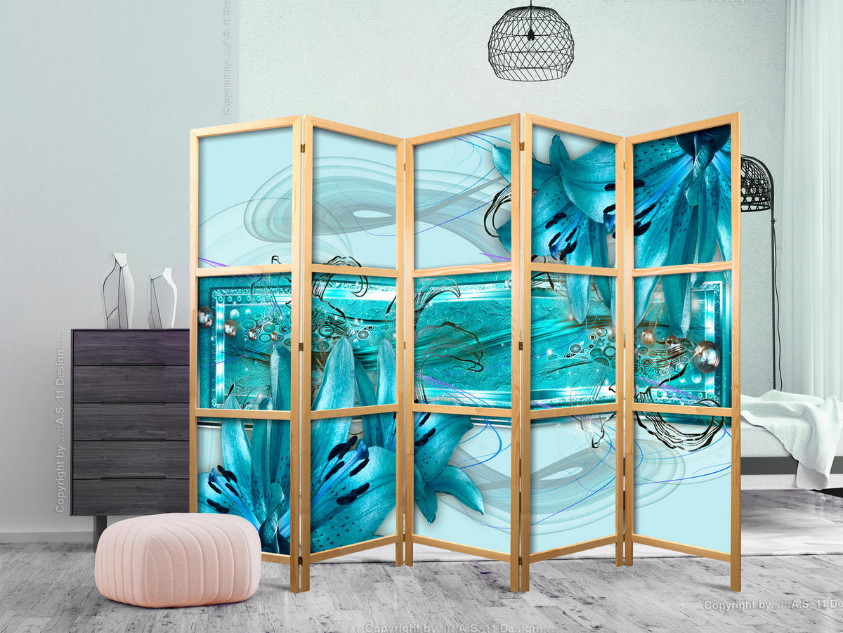 PARAVENT Japanischer 5-tlg 225x172 cm Blumen Abstraktion - Blau, Holz/Textil (225/172/3cm) - Muralo