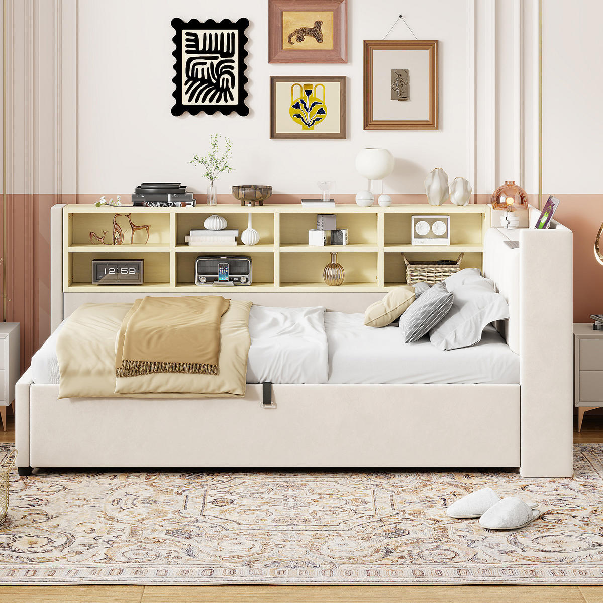 POLSTERBETT 90/200 cm in Beige mit Stauraum und USB- und Type-C-Anschlüssen - Beige, Textil (90/200cm) - Flora Grace