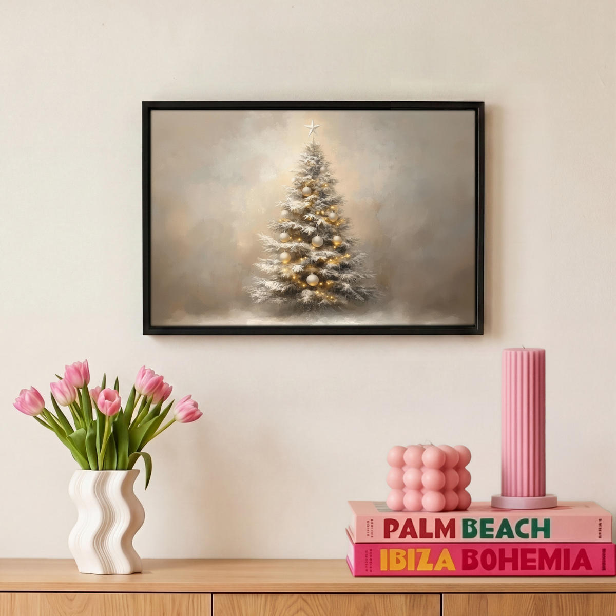 LEINWAND Bilder mit Rahmen - Weihnachten - Weihnachtsbaum - Schnee - Kunst - 30x20 - Champagner, Textil (30/20cm) - MuchoWow