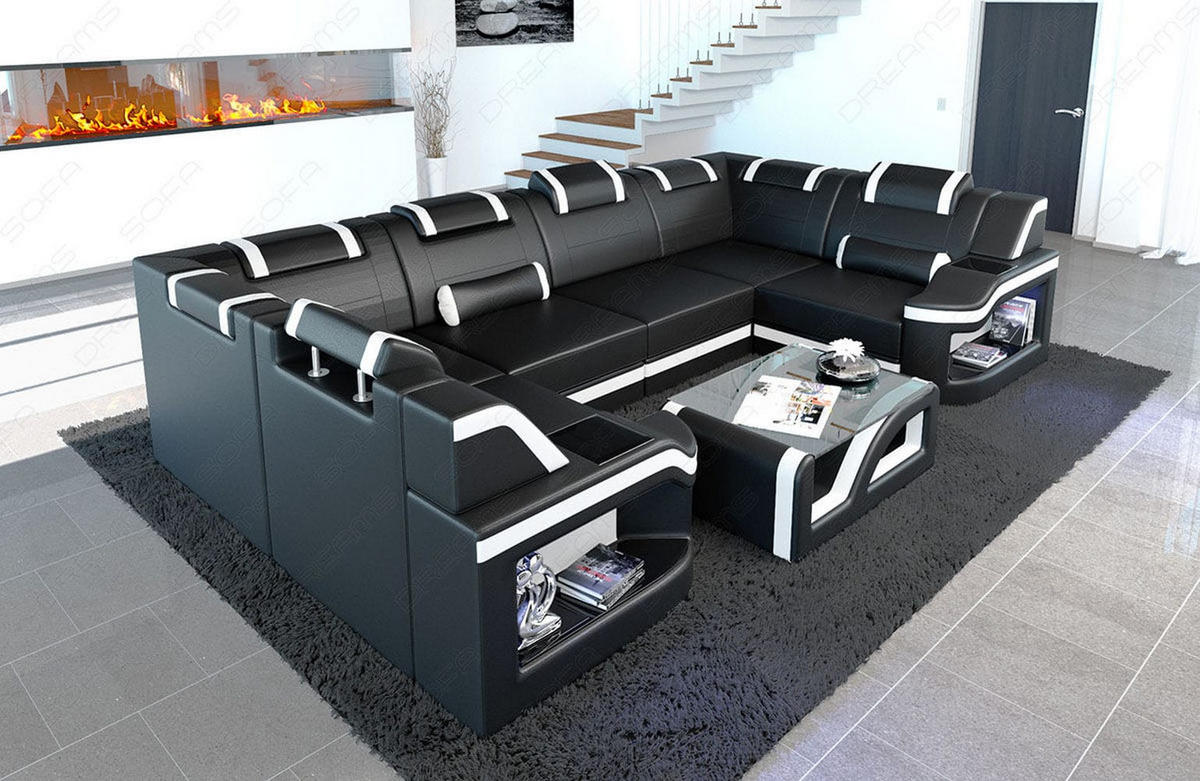WOHNLANDSCHAFT Sofa Padua U Schwarz Weiß Echtleder - Schwarz, Leder (308/80/185cm)