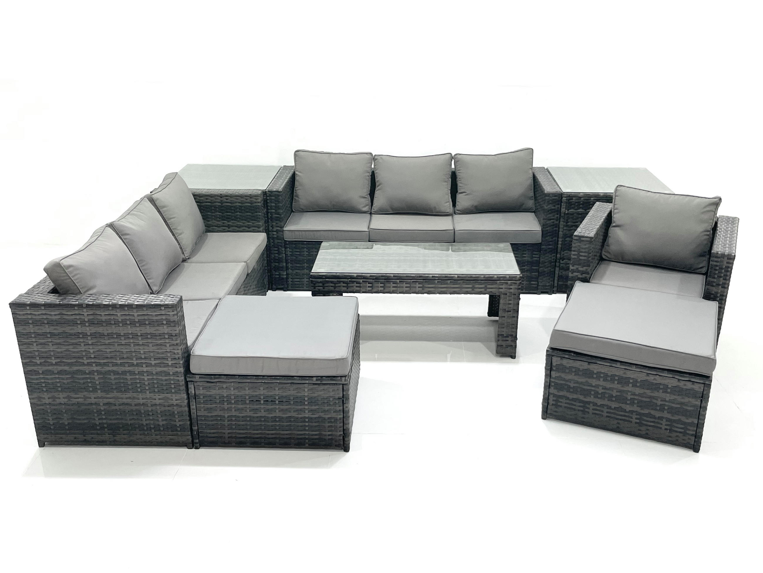 GARTENMÖBEL-SET COUCHTISCH SESSEL SOFA mit HOCKER Polyrattan Dunkelgrau Gemischt 9-Sitzer - Dunkelgrau/Grau, Glas/Kunststoff - Fimous