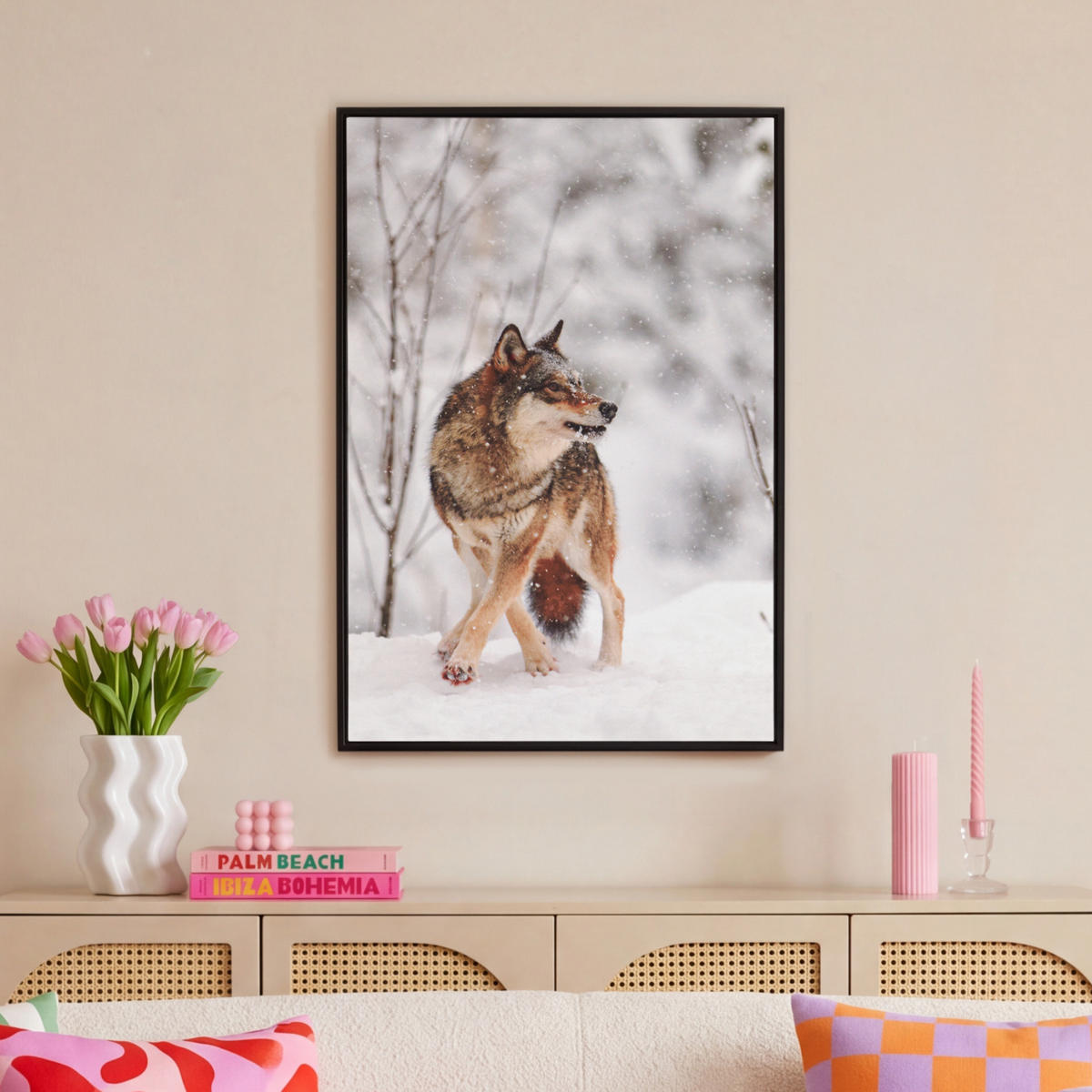 LEINWAND Bilder mit Rahmen - Wolf - Winter - Schnee - Natur - Tiere - 60x90 - Haselnussfarben, Textil (60/90cm) - MuchoWow