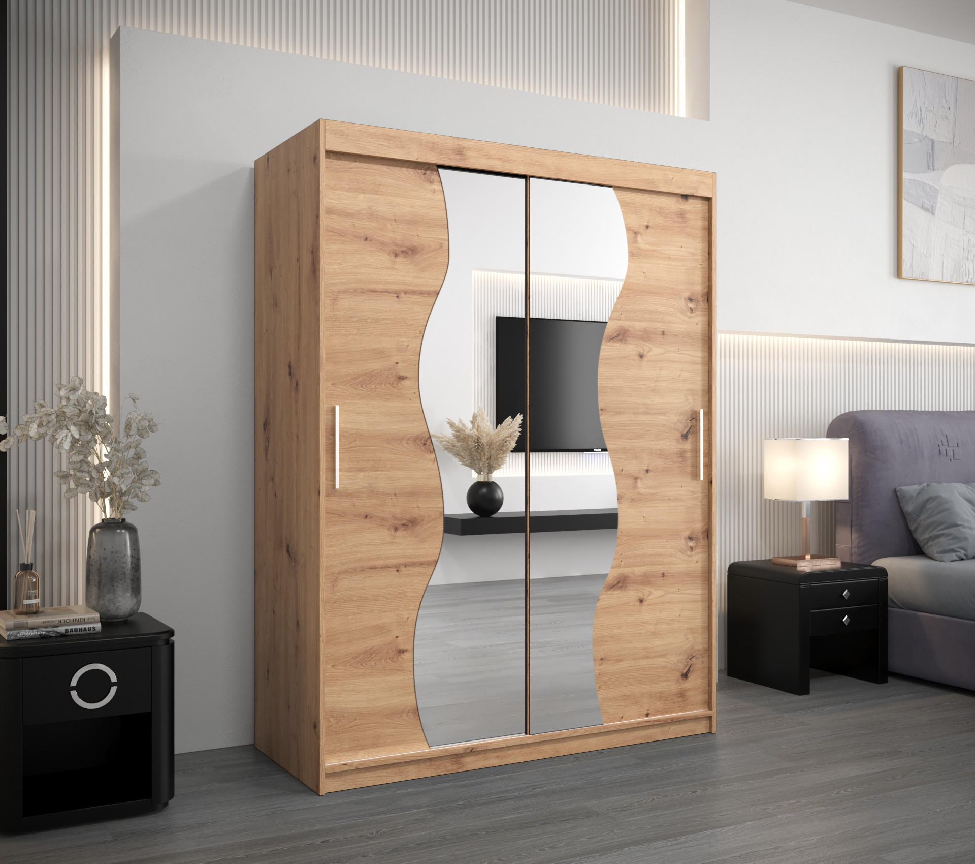 SCHWEBETÜRENSCHRANK 200/150/62 2-türig - Silberfarben/Eiche Artisan, Holz/Kunststoff (150/200/62cm) - MÖBEL KRYSPOL