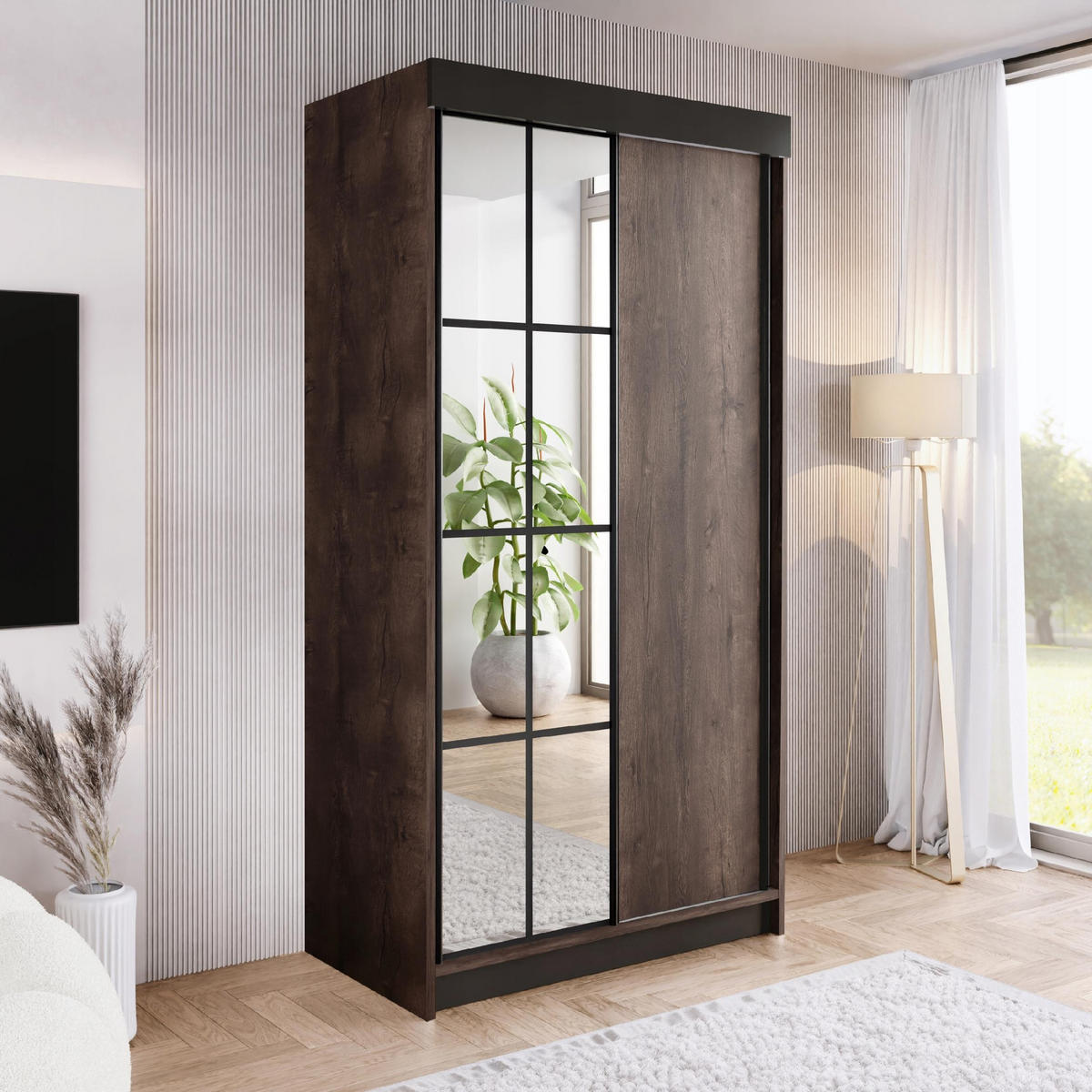 SCHIEBETÜRENSCHRANK ARI 1 mit Spigel 100 - Dunkle Esche - Eschefarben, Holzwerkstoff (100/200/62cm) - Kier Furniture