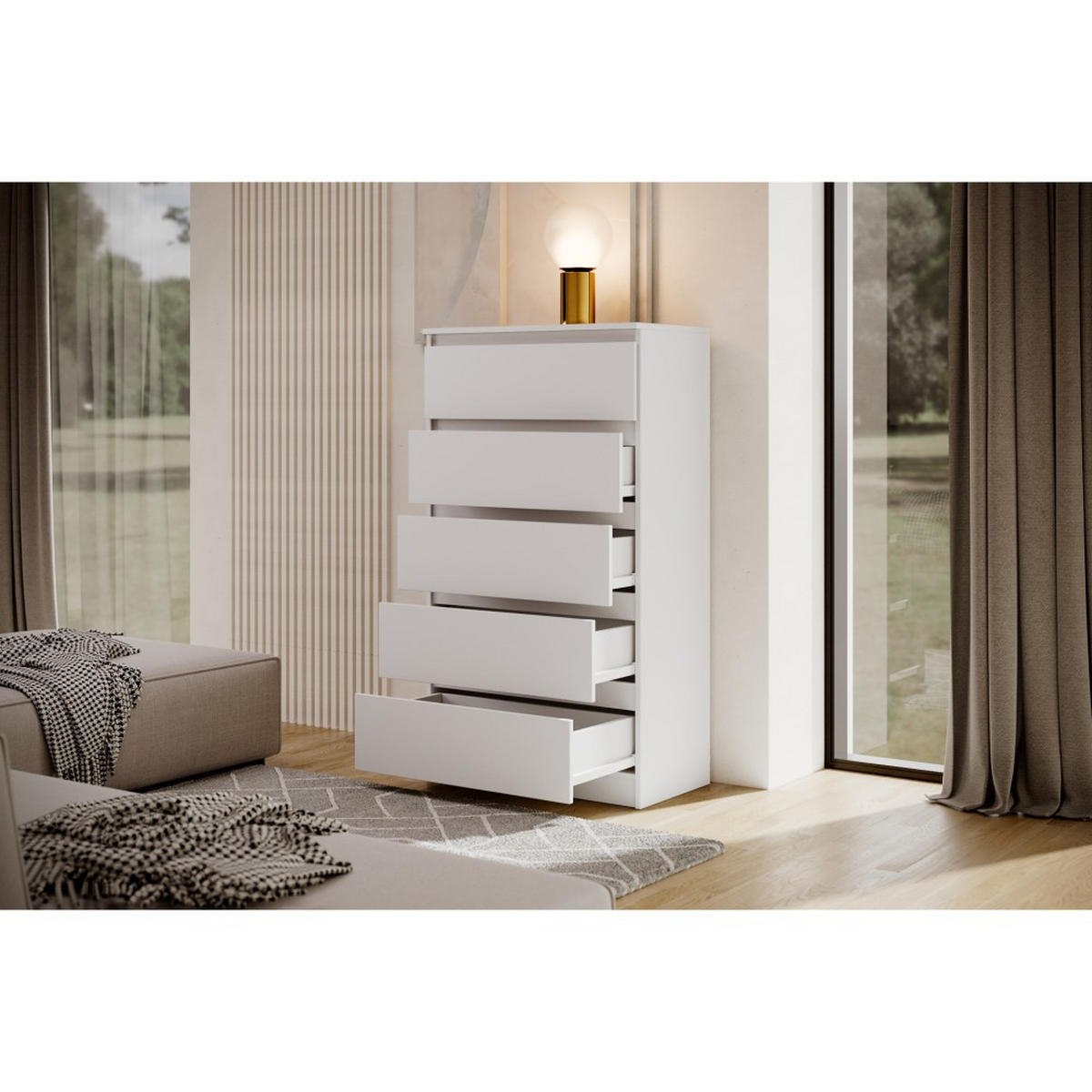 KOMMODE Lemon 70 cm mit fünf Schubladen weiß matt - Weiß, Holzwerkstoff (70/124.5/39cm) - Beautysofa