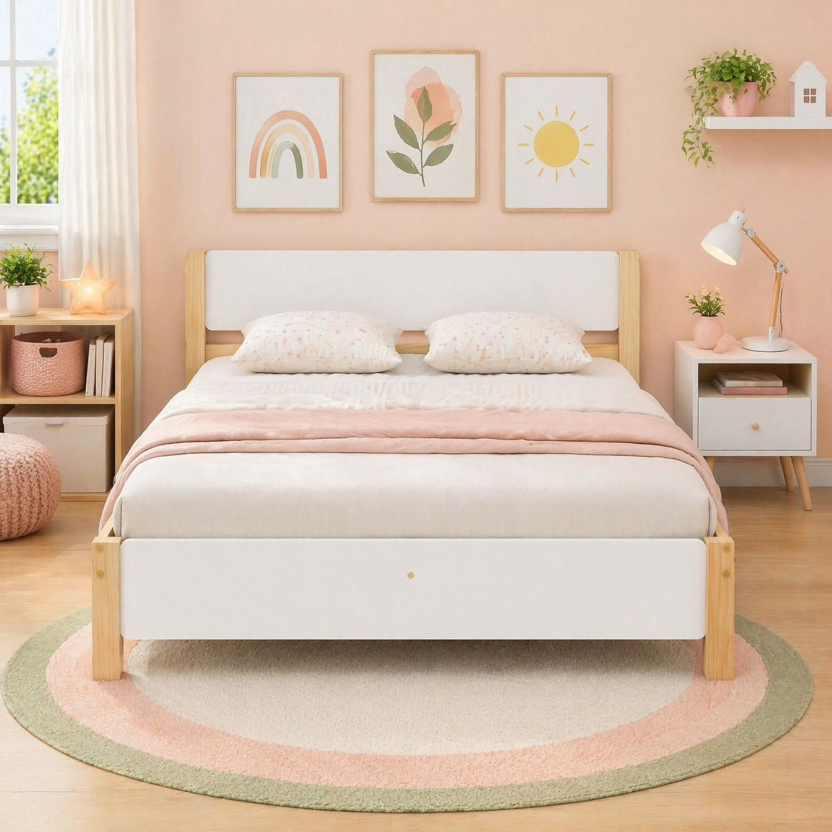 JUGENDBETT 140/200 mit Kopfteil, Fußteil und Lattenrost in Weiß und Natur - Weiß/Naturfarben, Holzwerkstoff (140/200cm) - EVRYAE