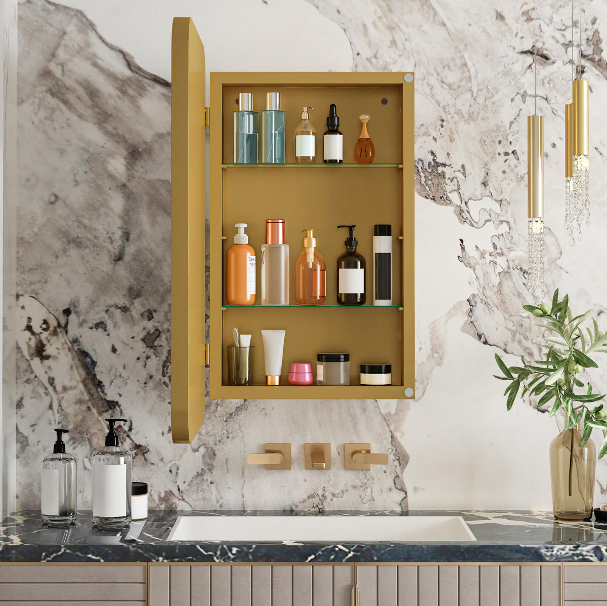 SPIEGELSCHRANK 76x51x12cm Gold mit Aufbewahrung - Wandspiegel für Badezimmer - Goldfarben, Glas (76/12/51cm) - Modfu