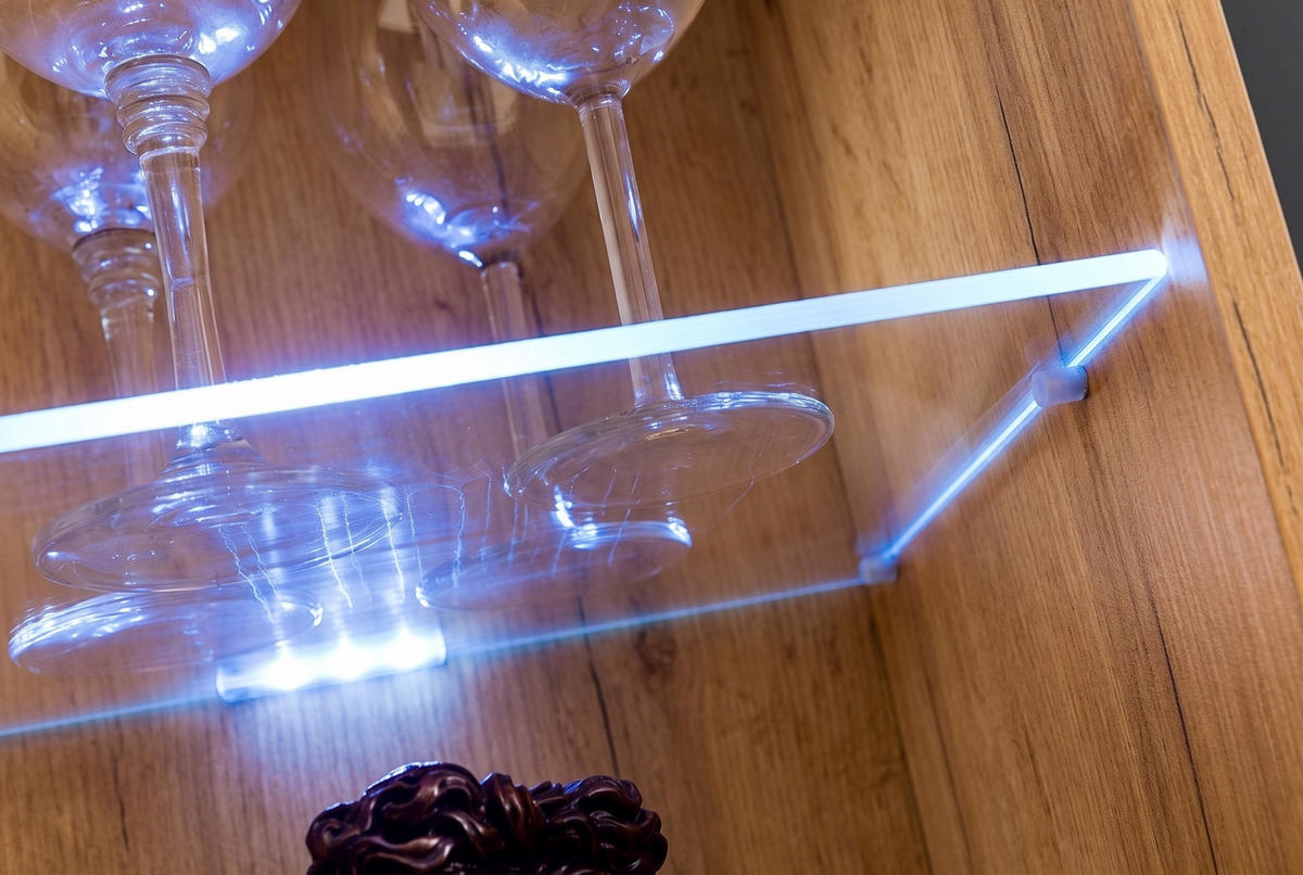 VITRINE ALESSANDRIA, Weiss, LED Blau - Eiche Wotan/Schwarz, Glas/Holzwerkstoff (60/192/42cm) - Komodee