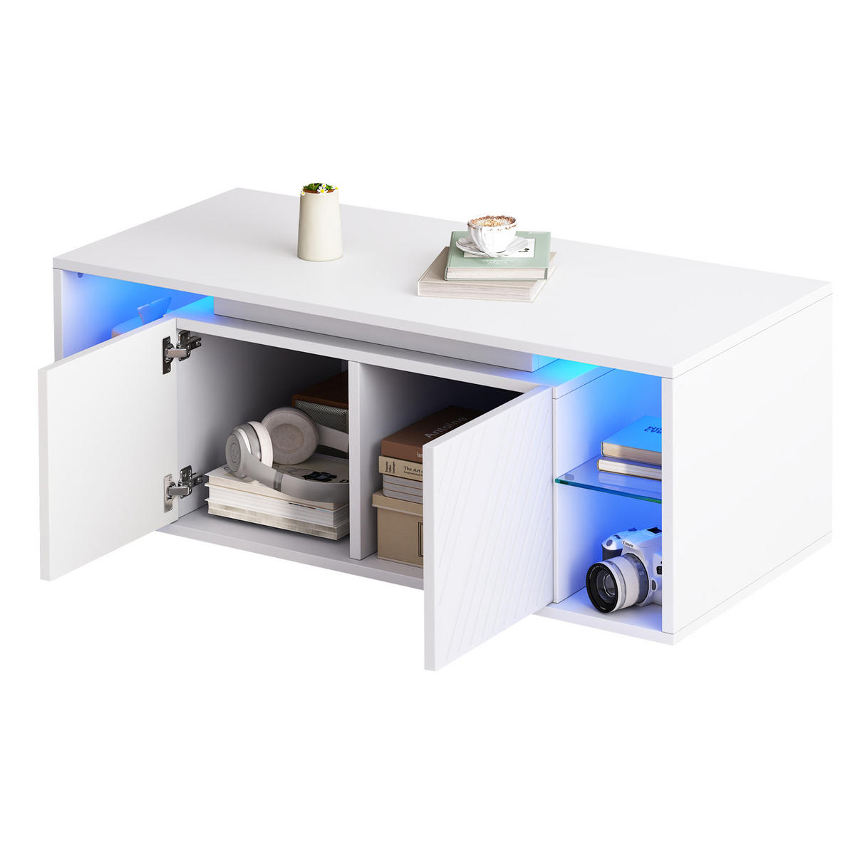 COUCHTISCH Weiß mit LED und 2 Türen 100/50/41 cm - Weiß, Holzwerkstoff (100/50/41cm)