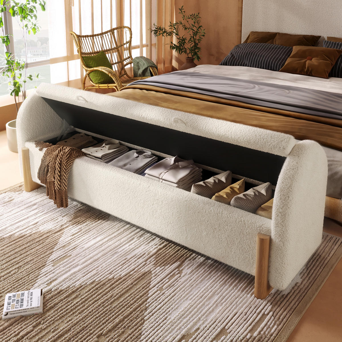 BETTBANK 166x47x61 cm Weiß mit Stauraum - Weiß, Holz (166/61/47cm) - FLIEKS