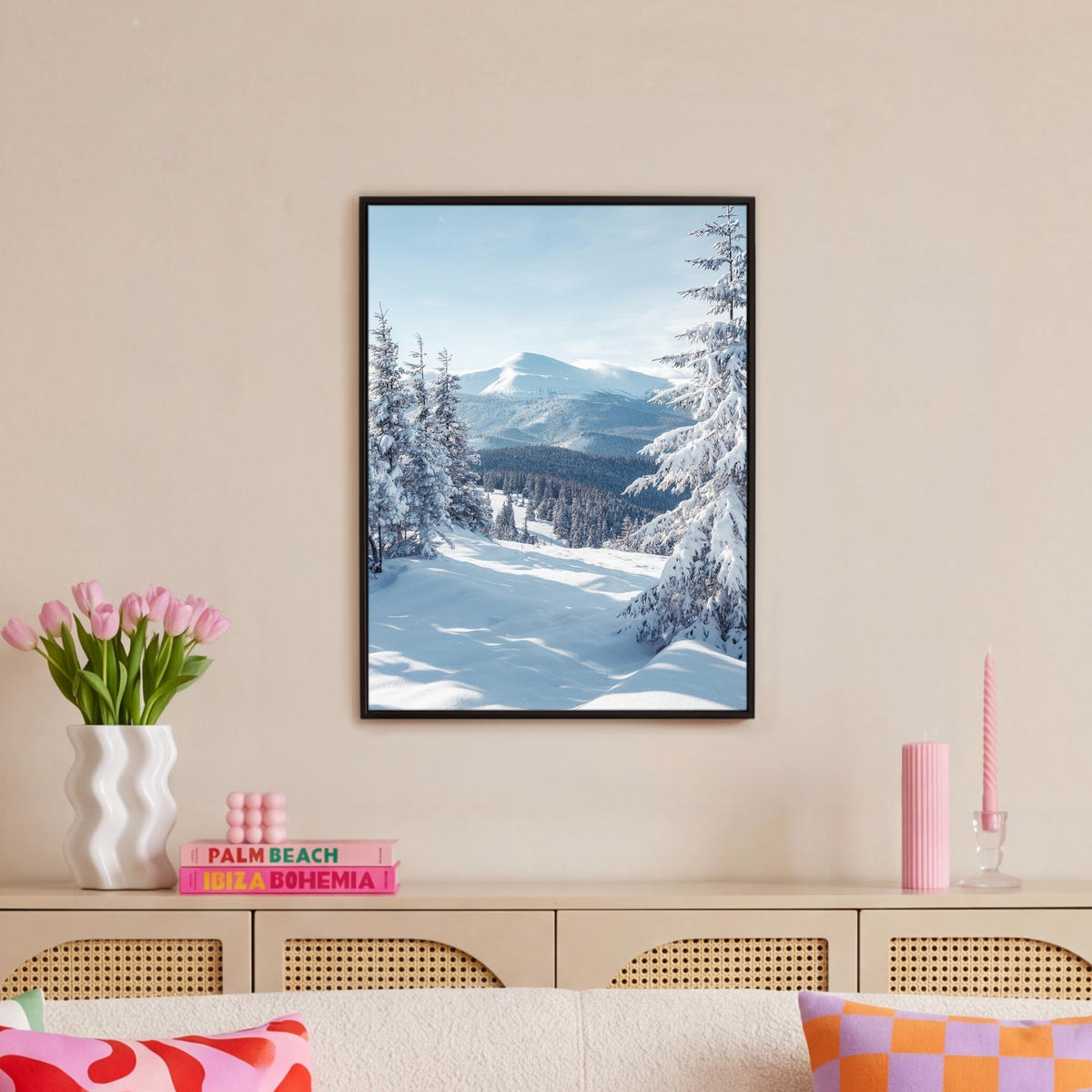 LEINWAND Bilder mit Rahmen - Winterlandschaft - Natur - Berge - Bäume - Schnee - 50x70 - Hellblau, Textil (50/70cm) - MuchoWow