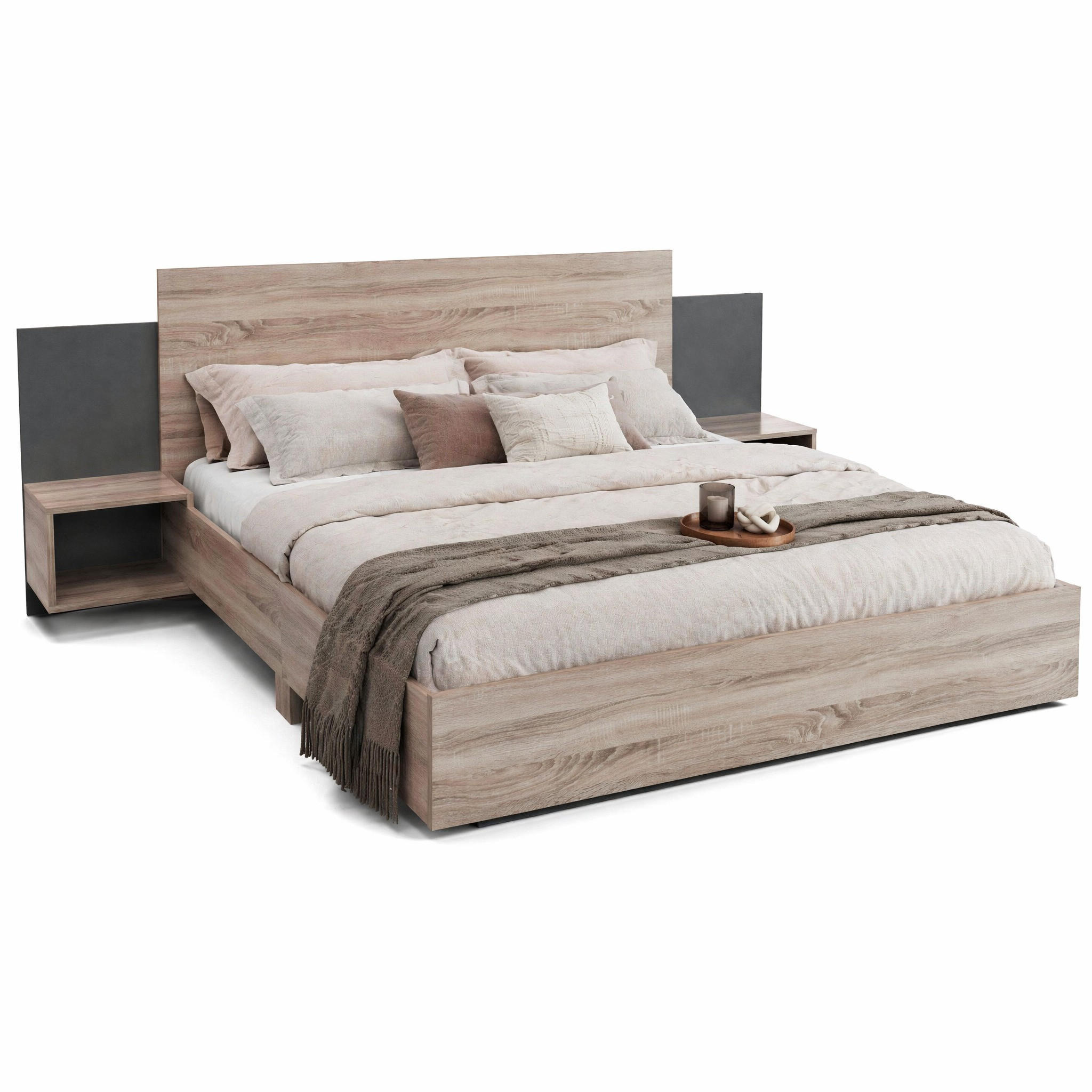 BETTANLAGE 160/200 cm in Sonoma-Eiche & Dunkelgrau mit 2 Nachtkommoden Massivholz modern - Naturfarben, Holzwerkstoff (160/200cm) - STILVORA