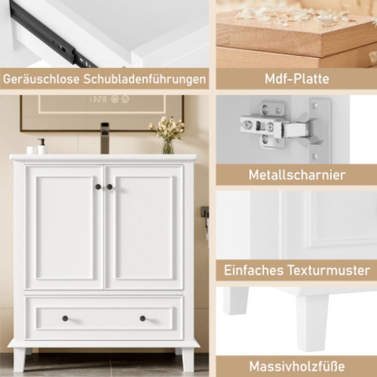 WASCHTISCHKOMBI 76/46/87 cm weiß aus MDF und Keramik mit Waschbecken, Schublade und Massivholzbeinen - Weiß, Holzwerkstoff (76/87/46cm) - OKWISH