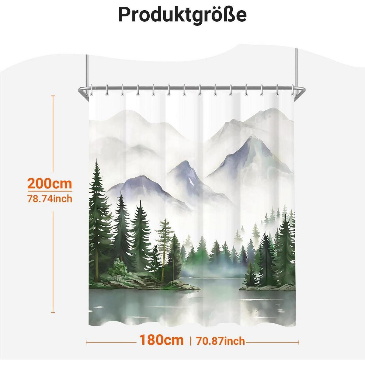 DUSCHVORHANG Berge 180 x 200 cm Wasserabweisend Waschbar Polyester Stoff mit 12 Ringen - Multicolor, Textil (180/200cm)
