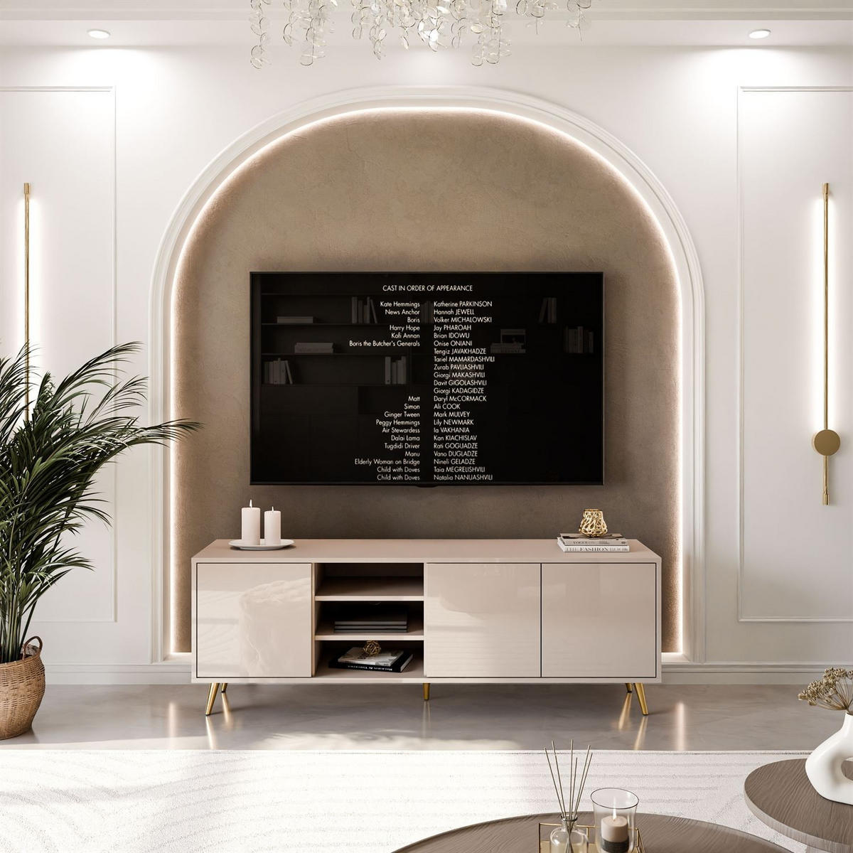 TV-SCHRANK SANAYI Kaschmir Hochglanz – schräge goldene Beine - Kaschmir, Holzwerkstoff (156/54/38cm) - Lookway